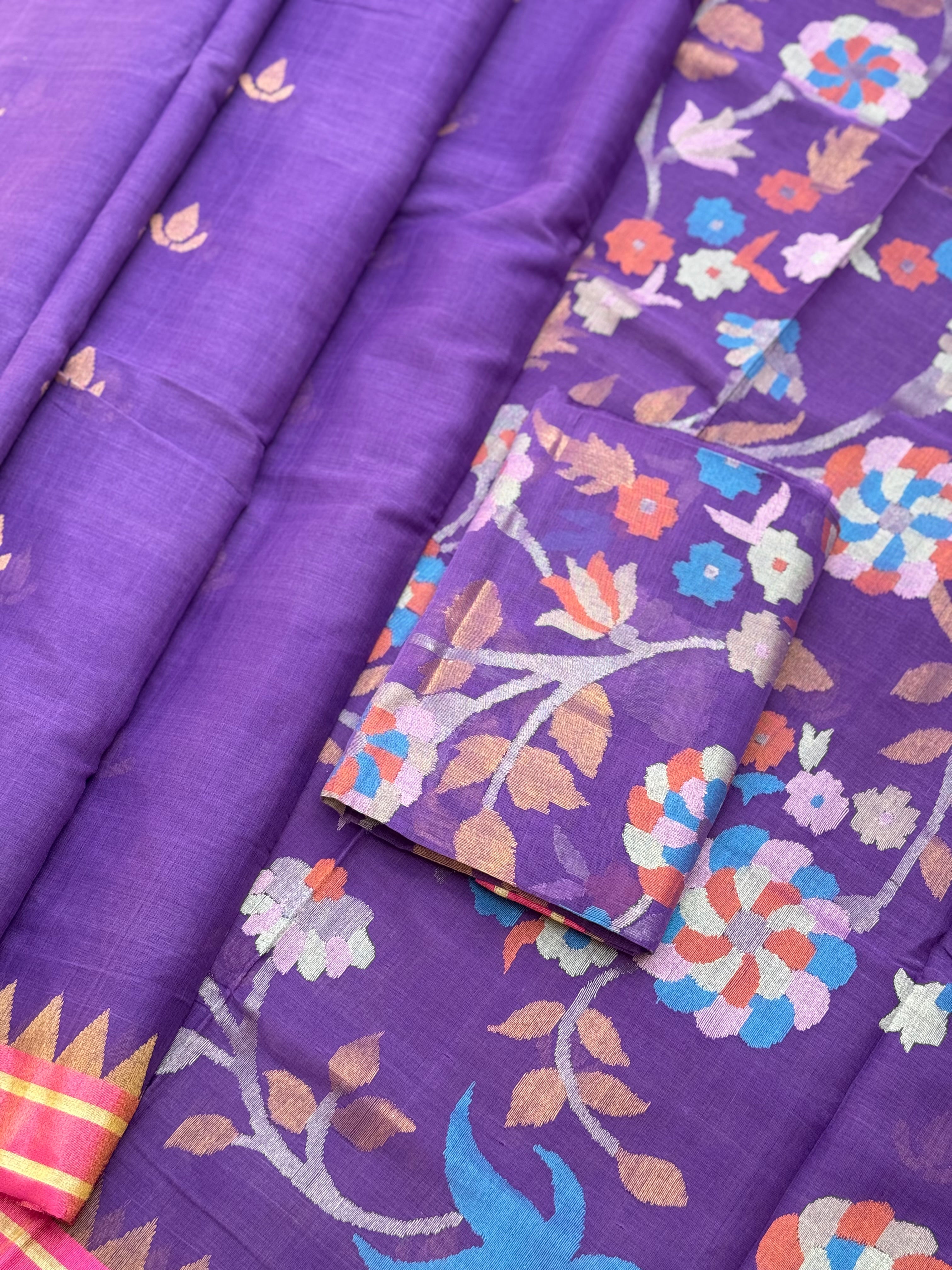 Purple Handspun Ponduru Khadi pallu and blouse Jaal Jamdani Saree