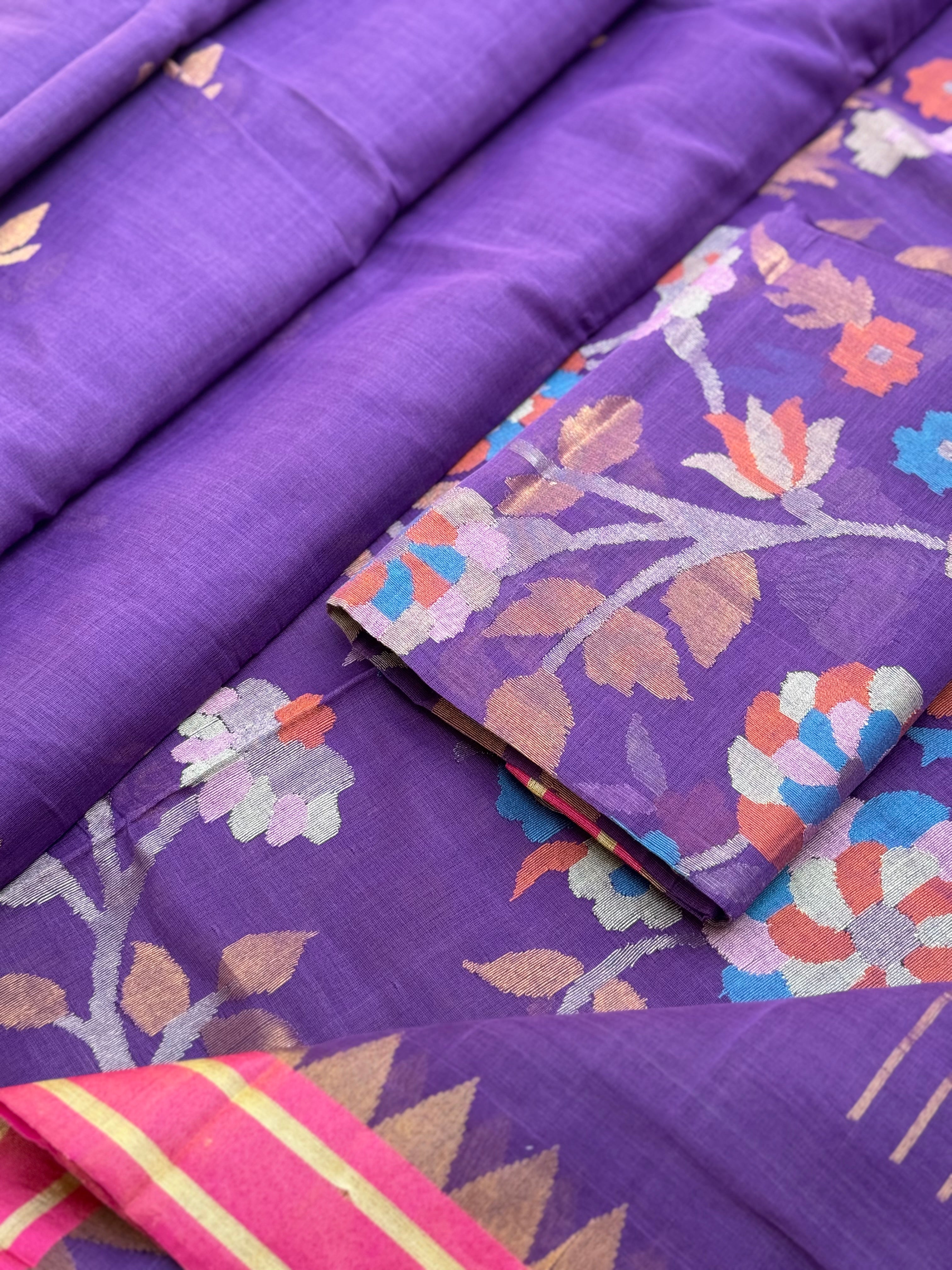 Purple Handspun Ponduru Khadi pallu and blouse Jaal Jamdani Saree