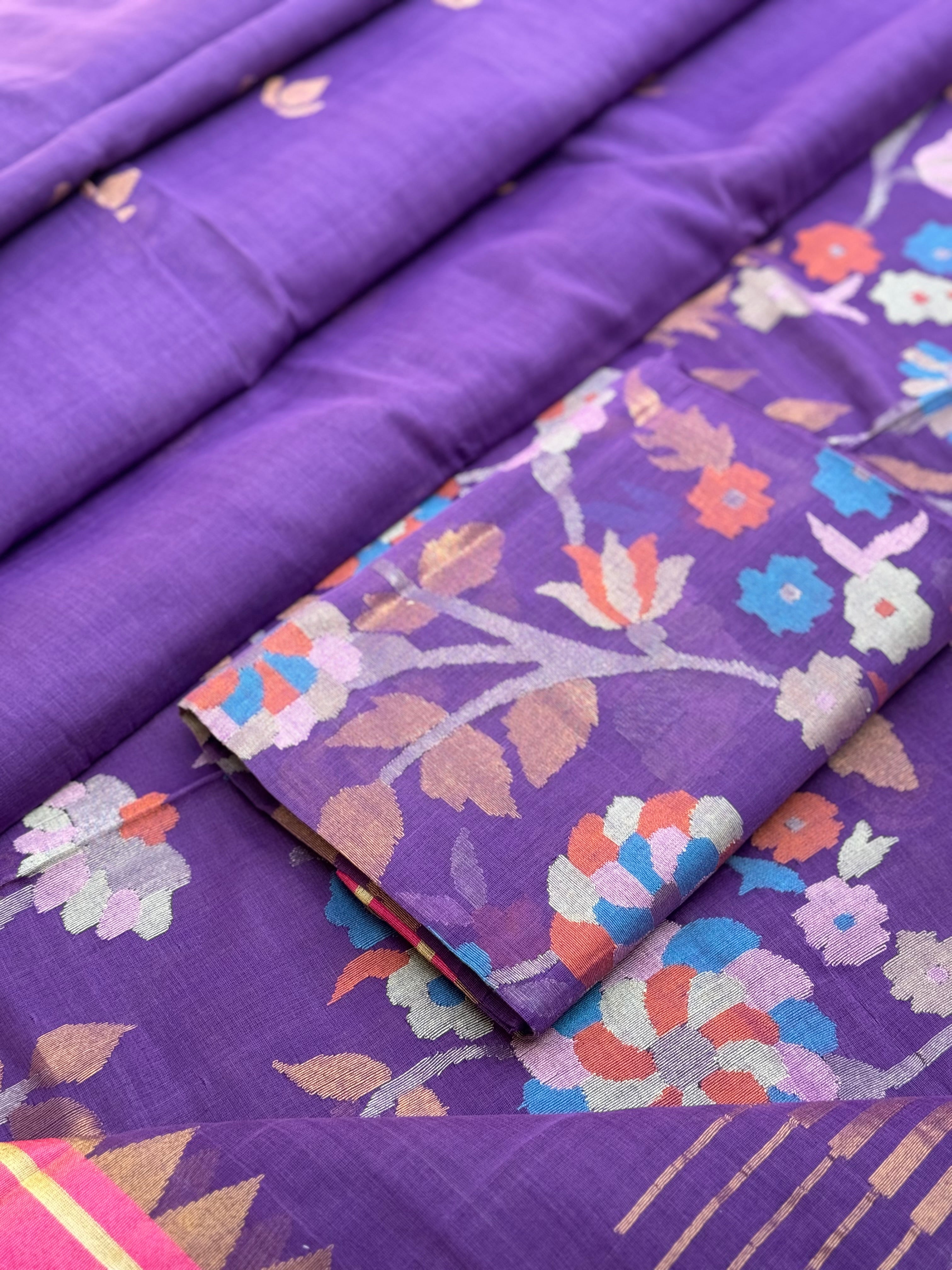 Purple Handspun Ponduru Khadi pallu and blouse Jaal Jamdani Saree