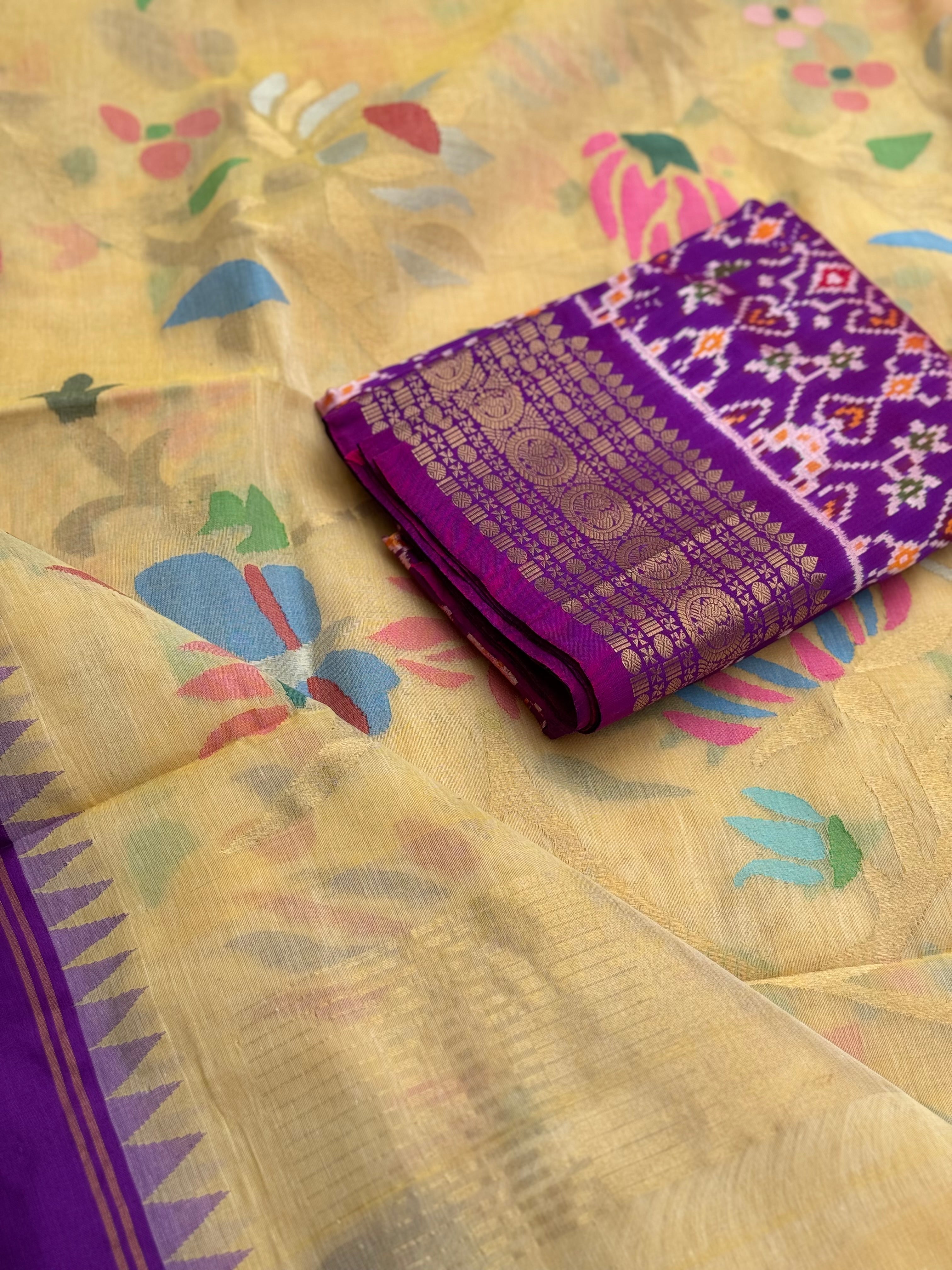 Handspun Ponduru Khadi pallu and blouse full jaal Jamdani Saree in pastel yellow