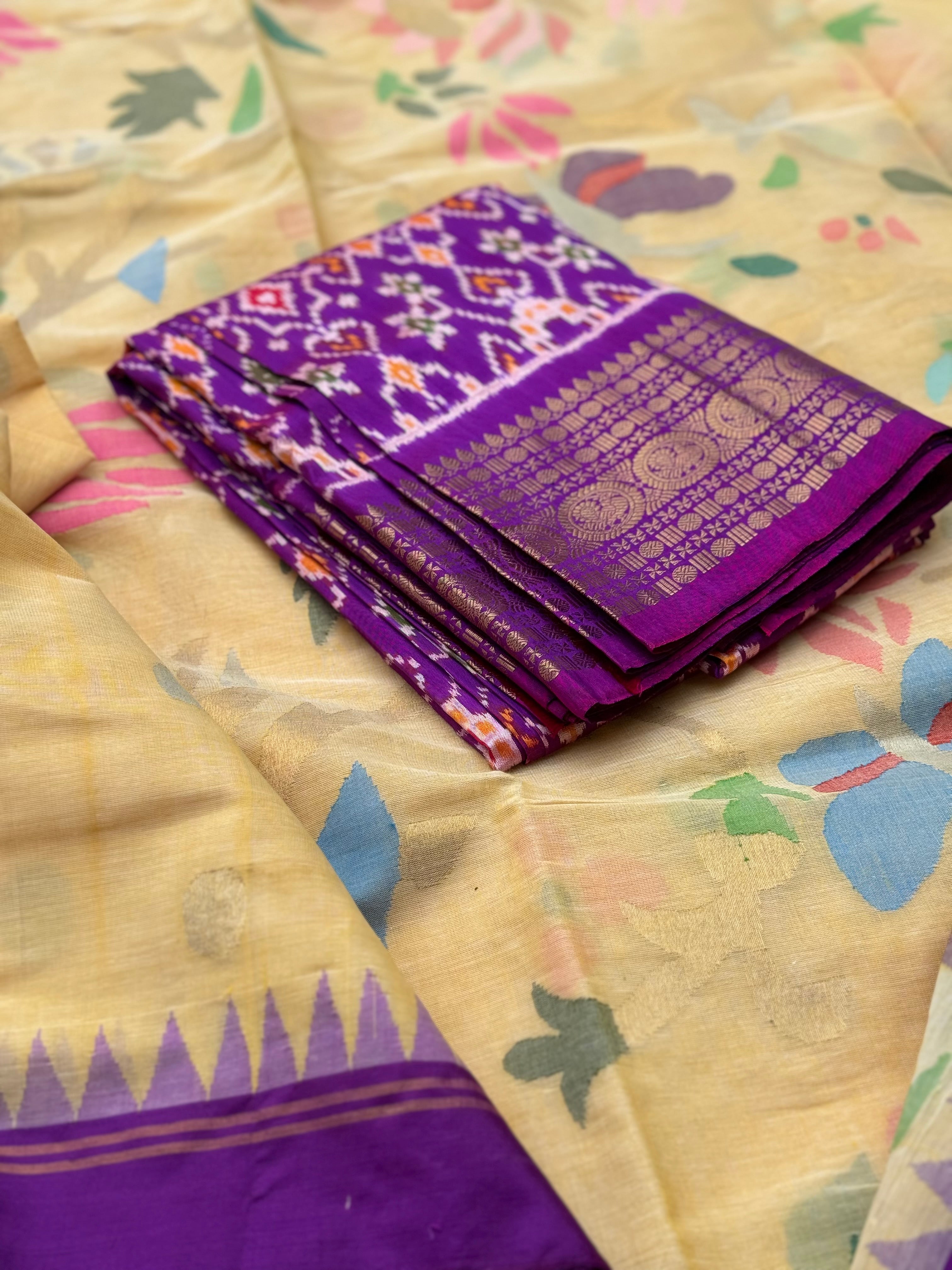Handspun Ponduru Khadi pallu and blouse full jaal Jamdani Saree in pastel yellow
