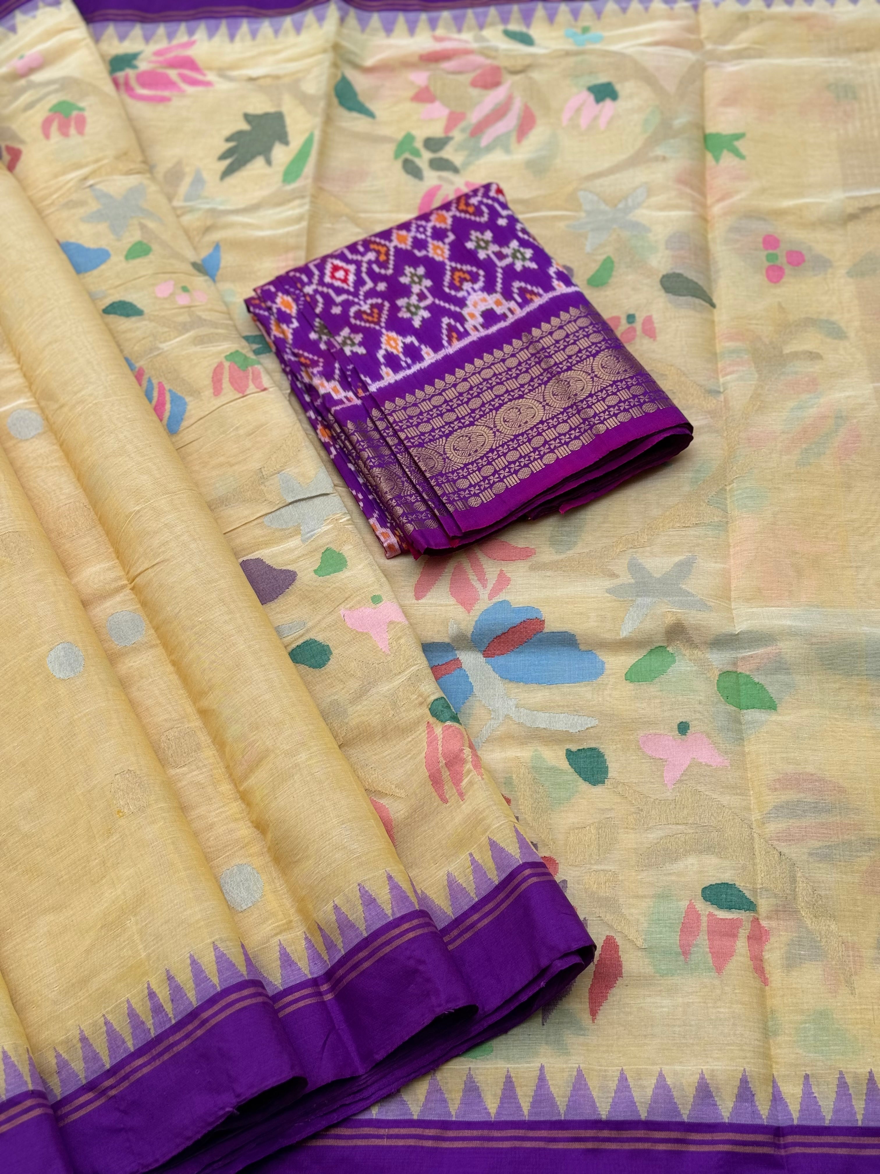 Handspun Ponduru Khadi pallu and blouse full jaal Jamdani Saree in pastel yellow