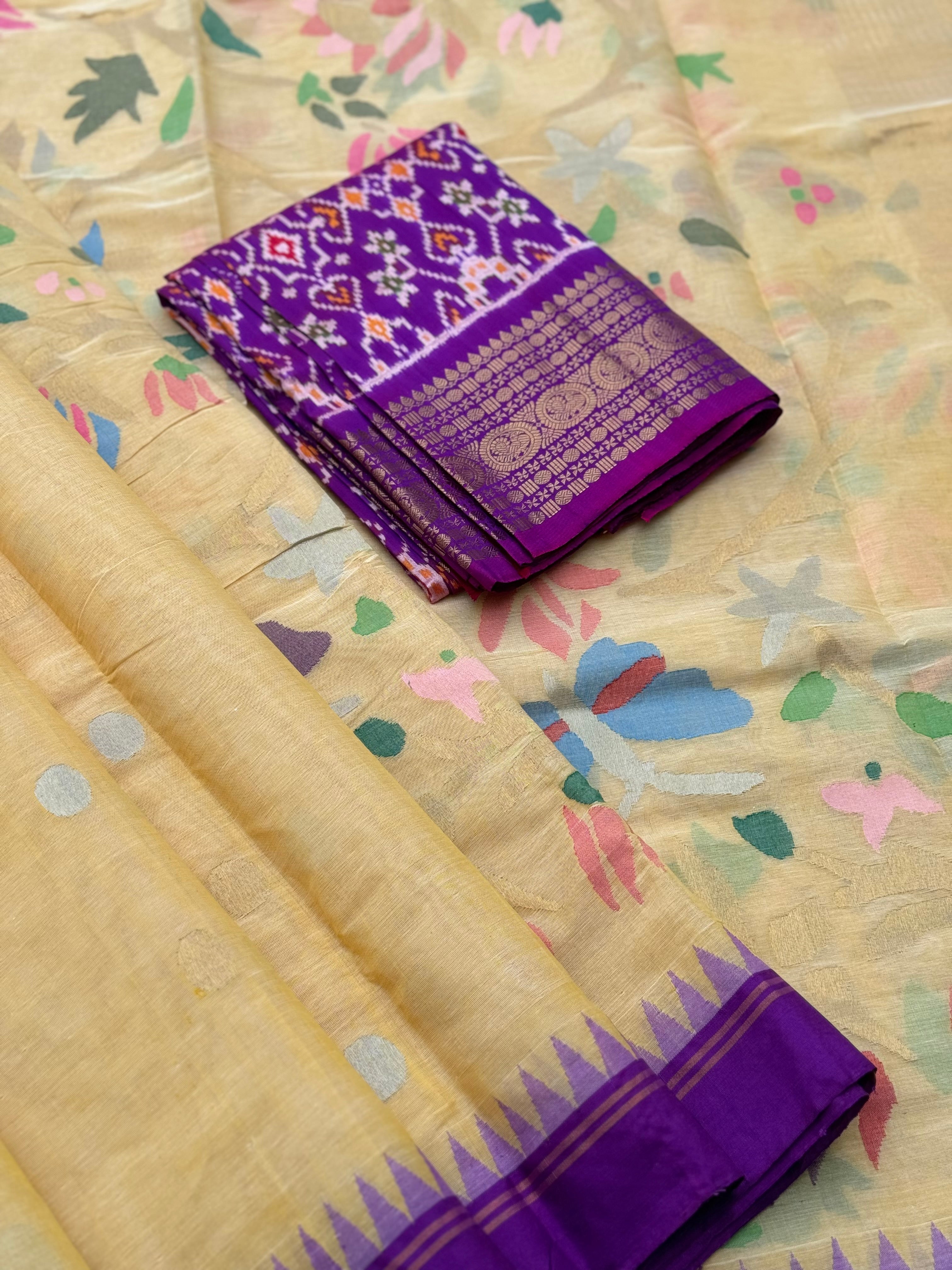 Handspun Ponduru Khadi pallu and blouse full jaal Jamdani Saree in pastel yellow