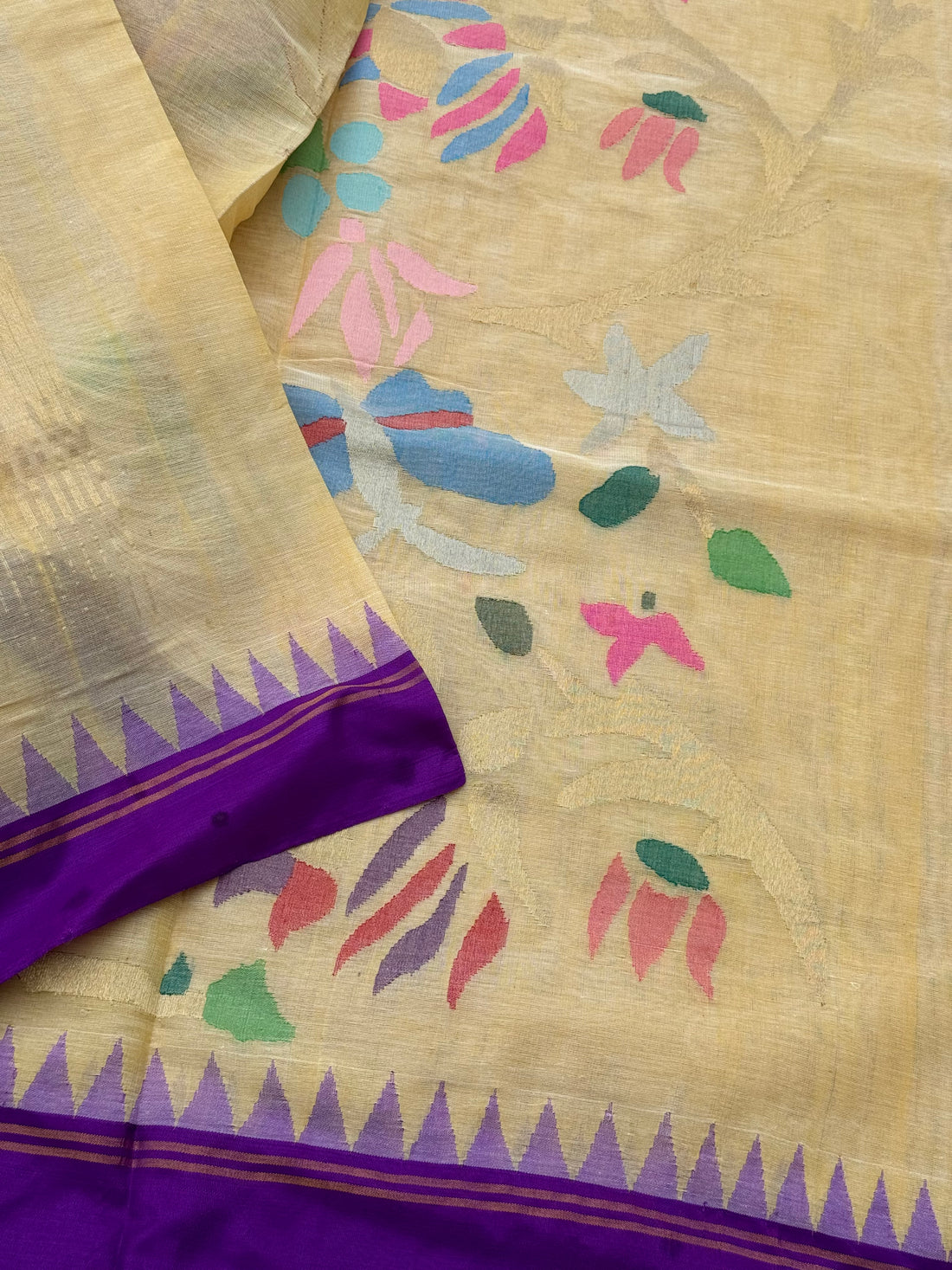 Handspun Ponduru Khadi pallu and blouse full jaal Jamdani Saree in pastel yellow