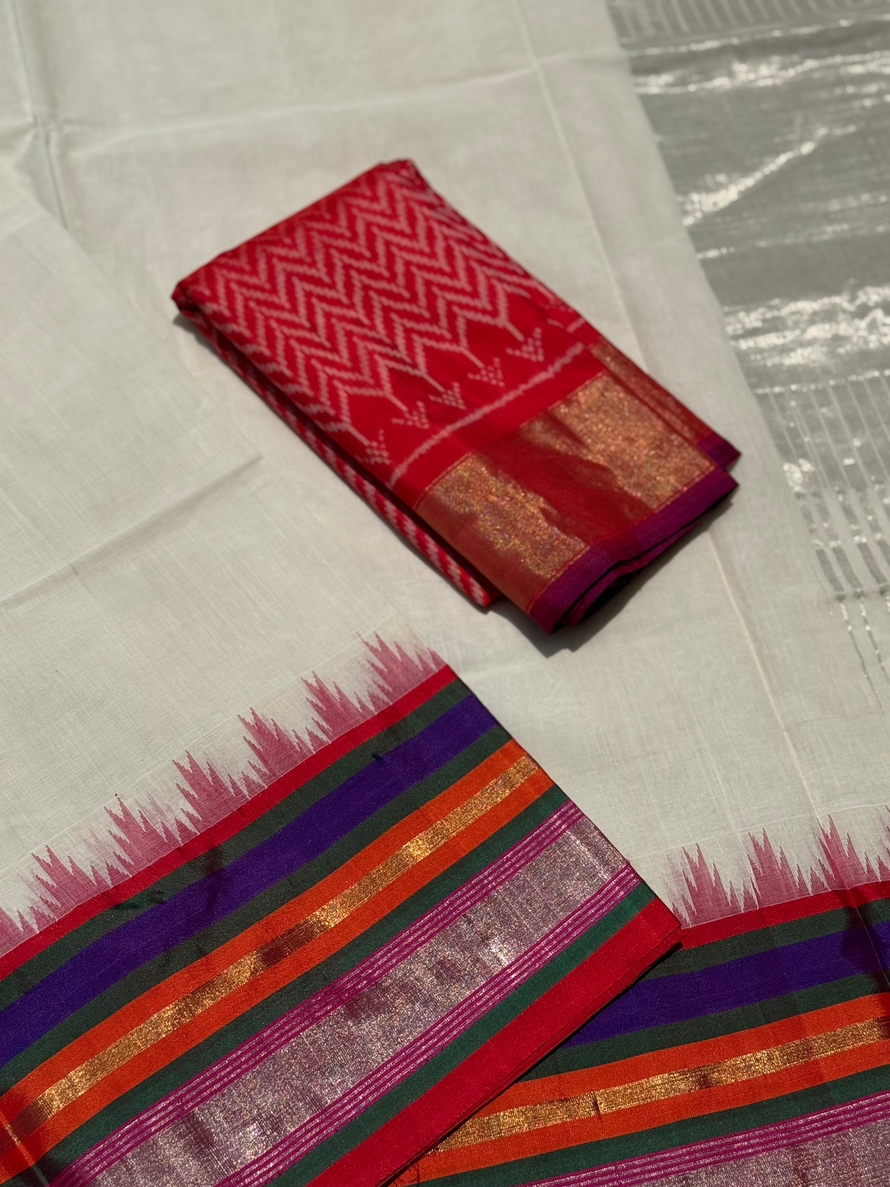 Handspun and handwoven ponduru Khadhi cotton saree with silk dobby border in contrast pink with red
