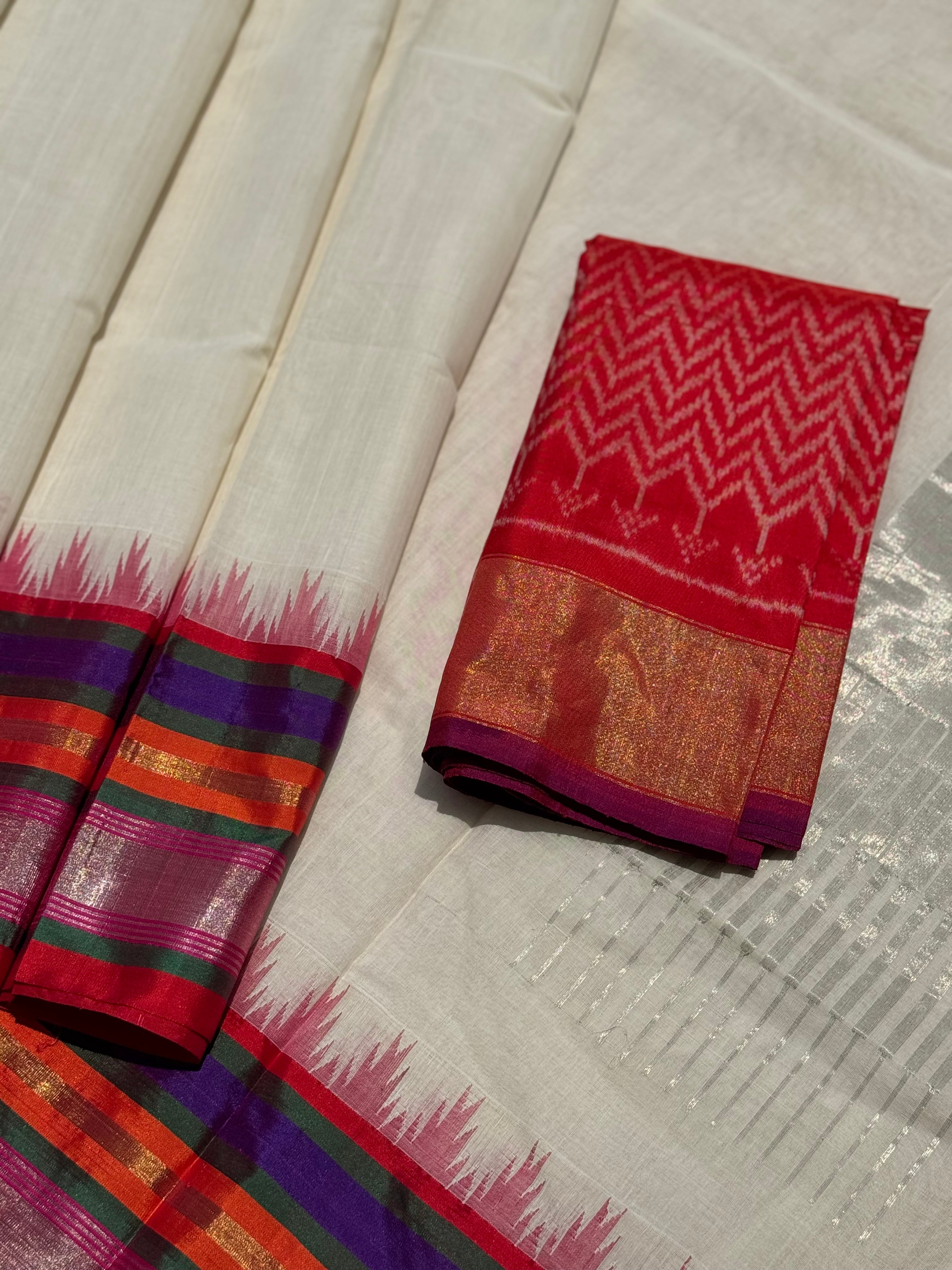 Handspun and handwoven ponduru Khadhi cotton saree with silk dobby border in contrast pink with red