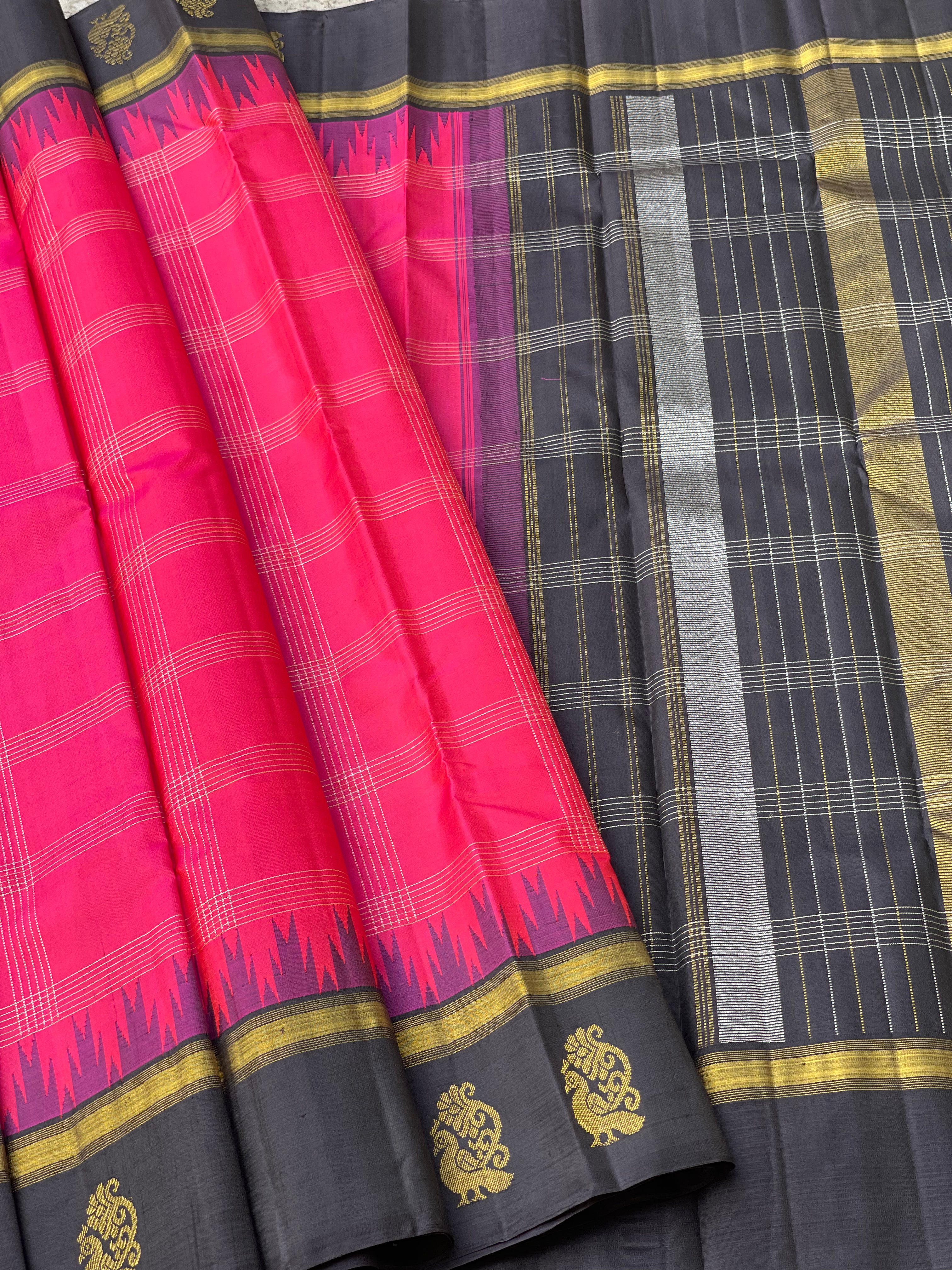 Black with Fuchsia pink Korvai silk kanchivaram saree