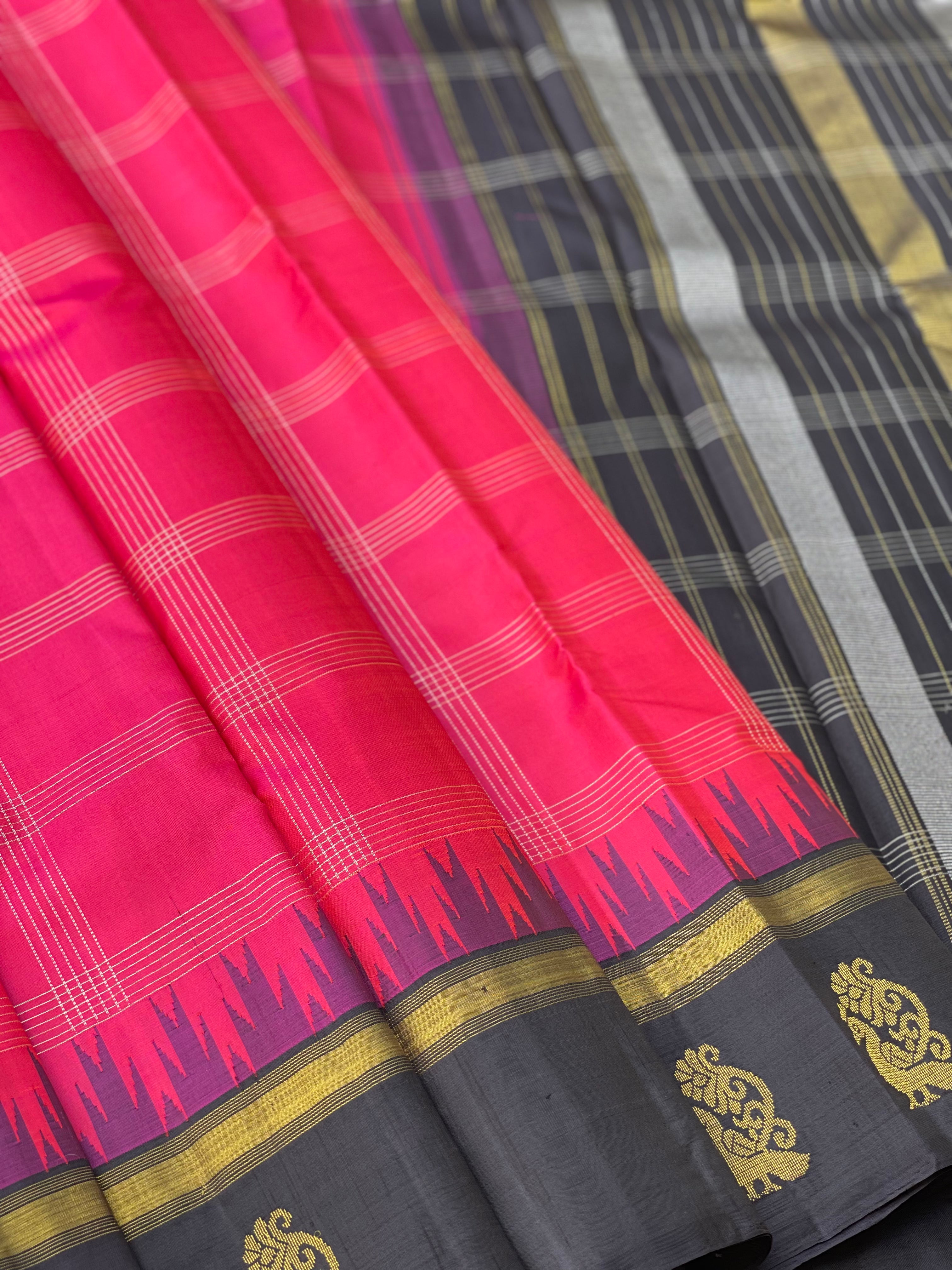 Black with Fuchsia pink Korvai silk kanchivaram saree