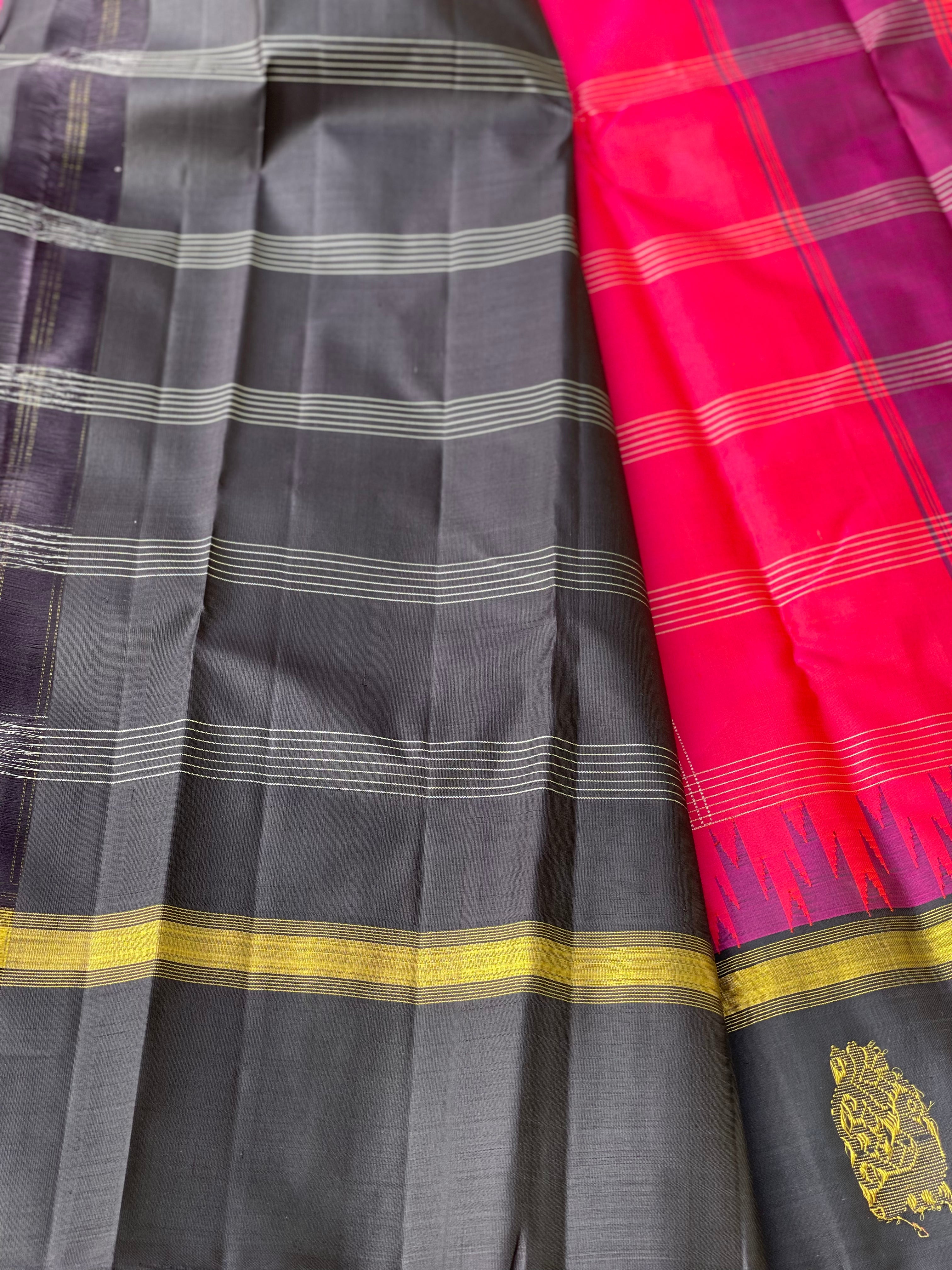 Black with Fuchsia pink Korvai silk kanchivaram saree