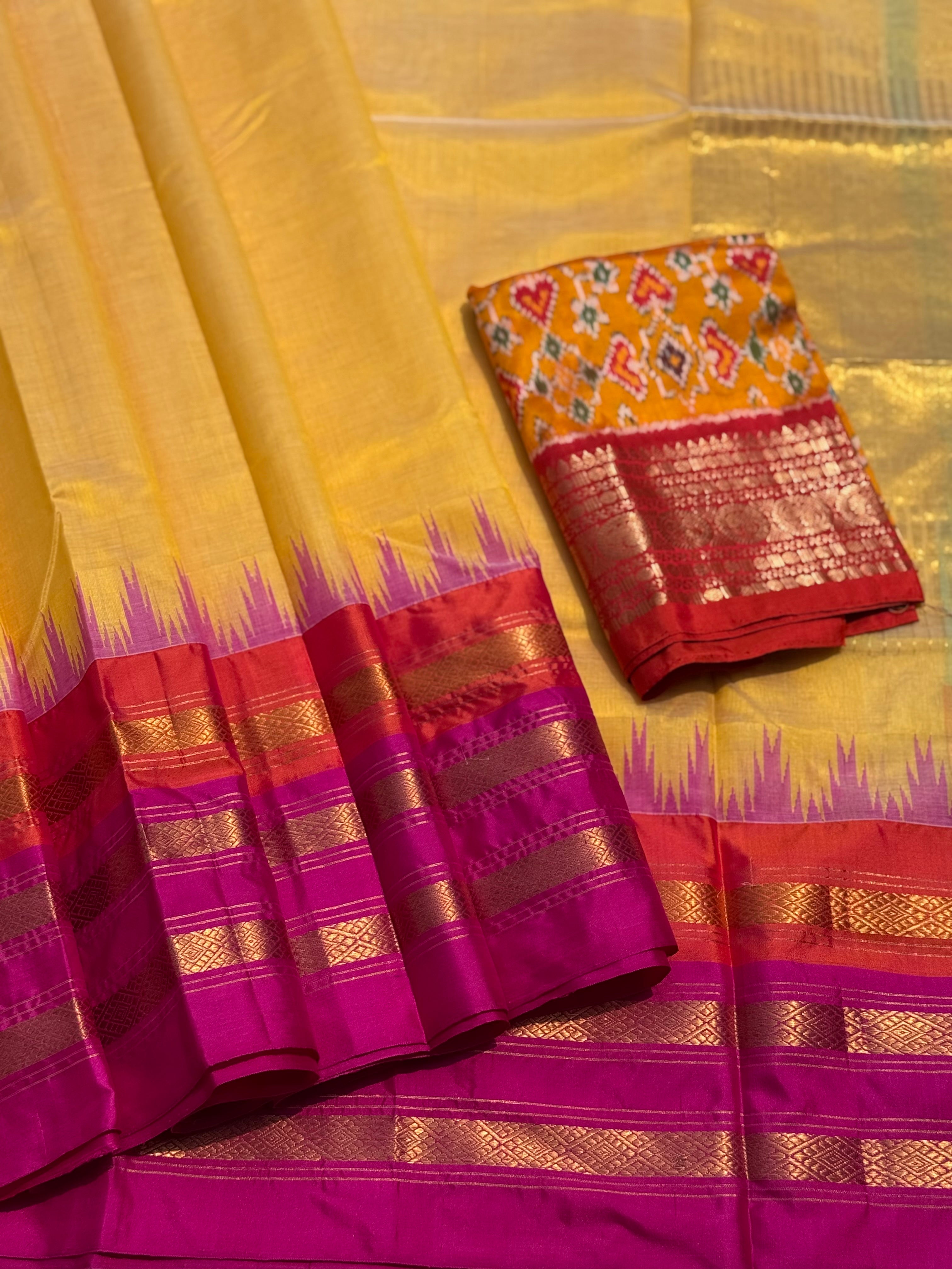 Handspun and handwoven ponduru Khadhi by silk  saree with silk border in contrast orange and pink jacquard weave