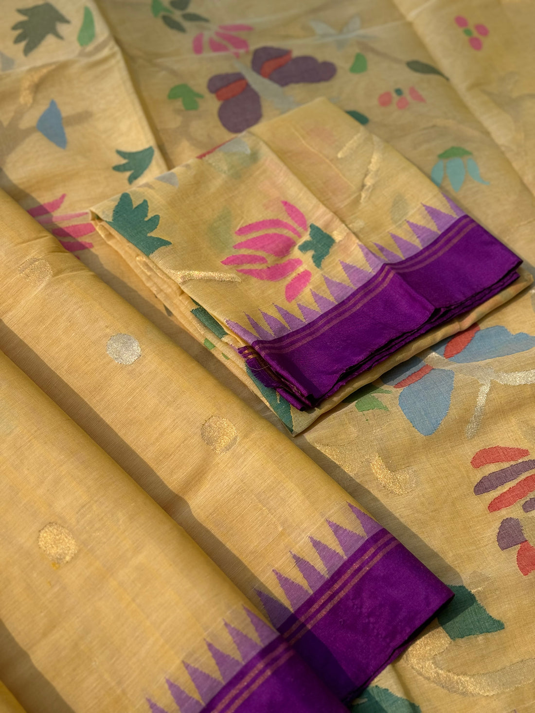 Ponduru Khadhi full jaal amdani cotton saree in pastel yellow with purple