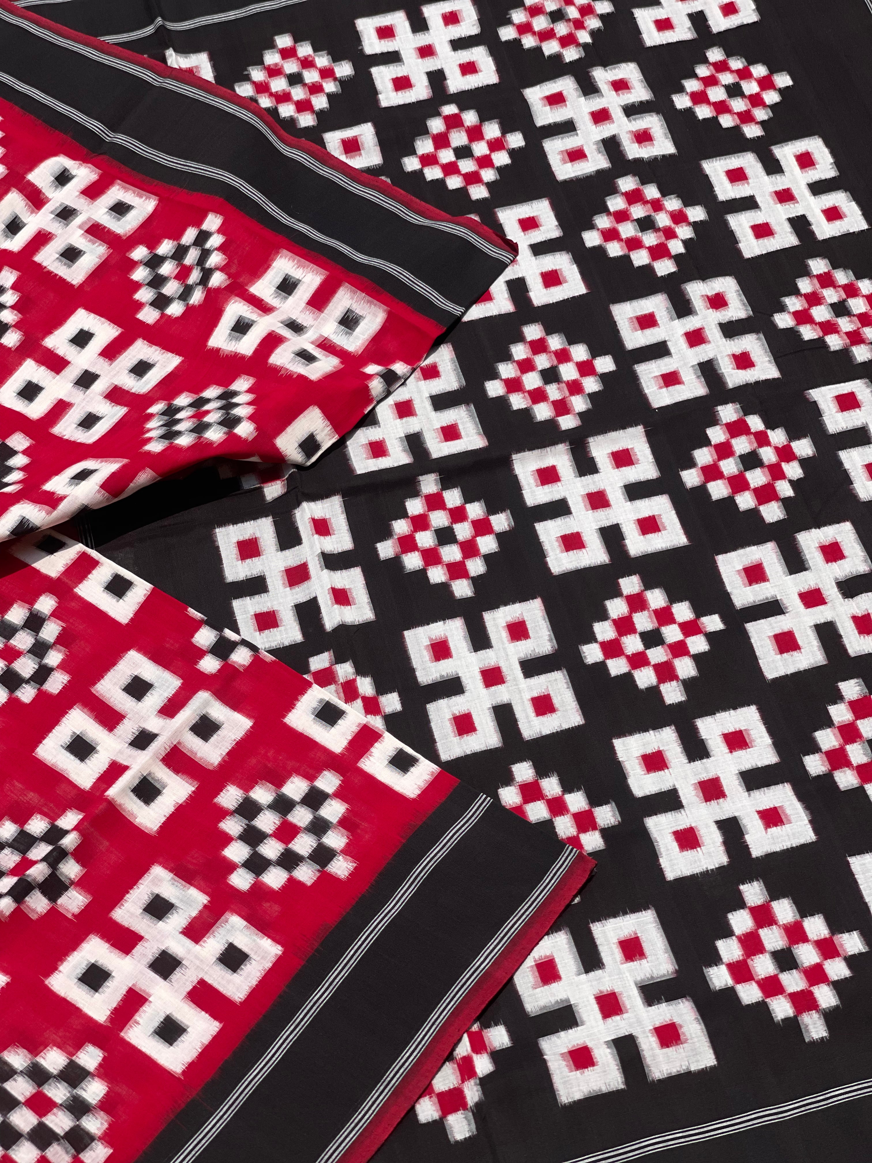 Telia Rumal double ikkat cotton saree in red black and white