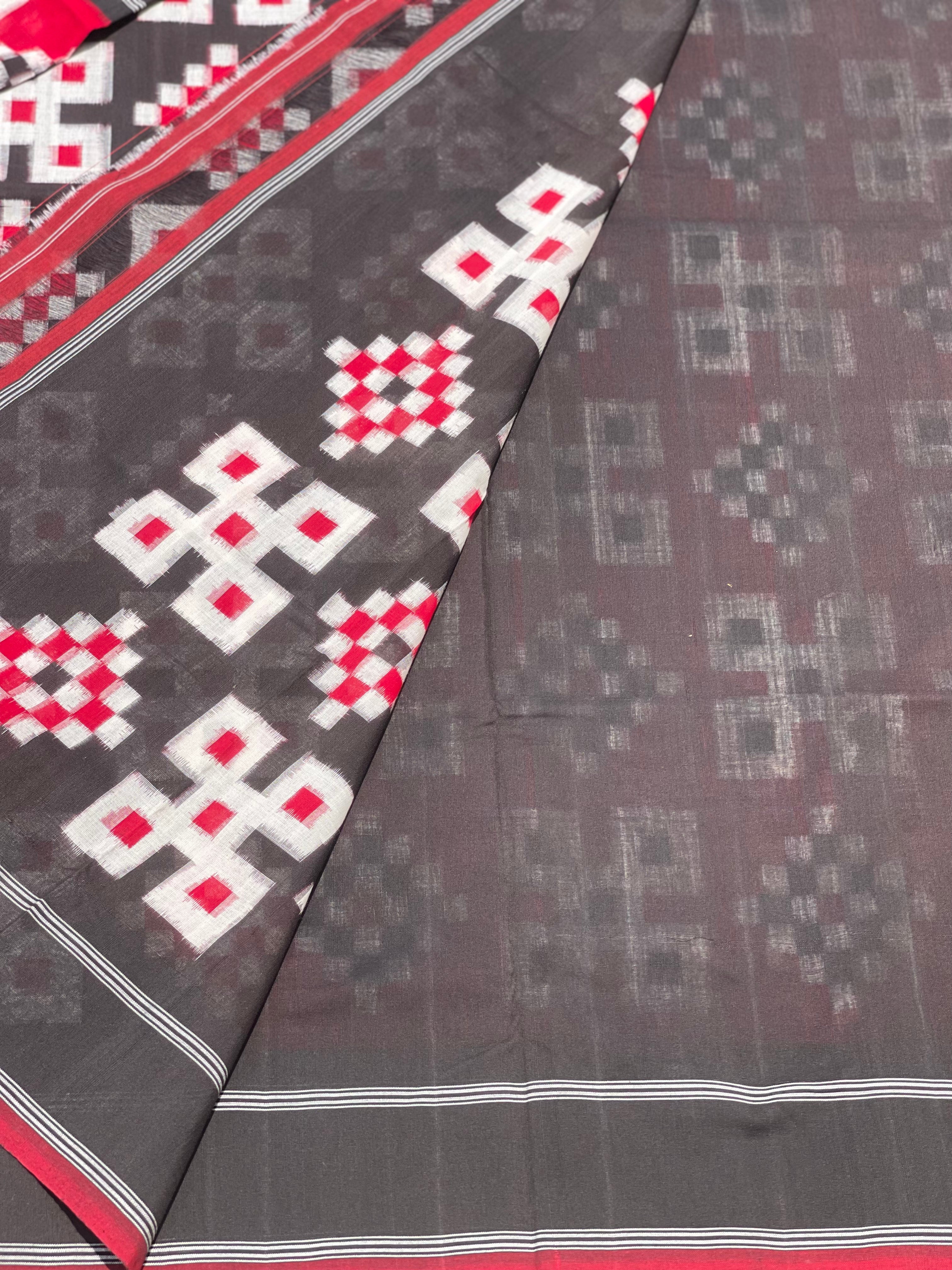 Telia Rumal double ikkat cotton saree in red black and white