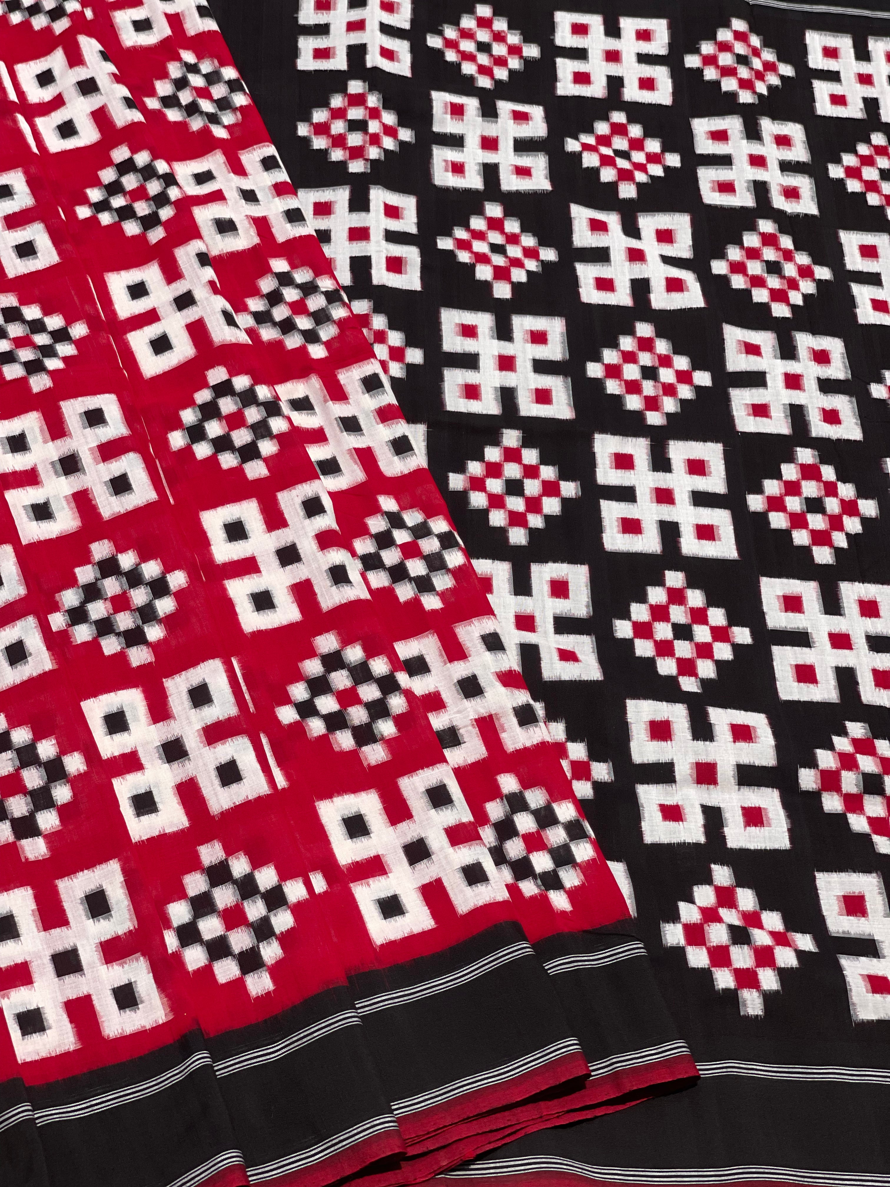 Telia Rumal double ikkat cotton saree in red black and white