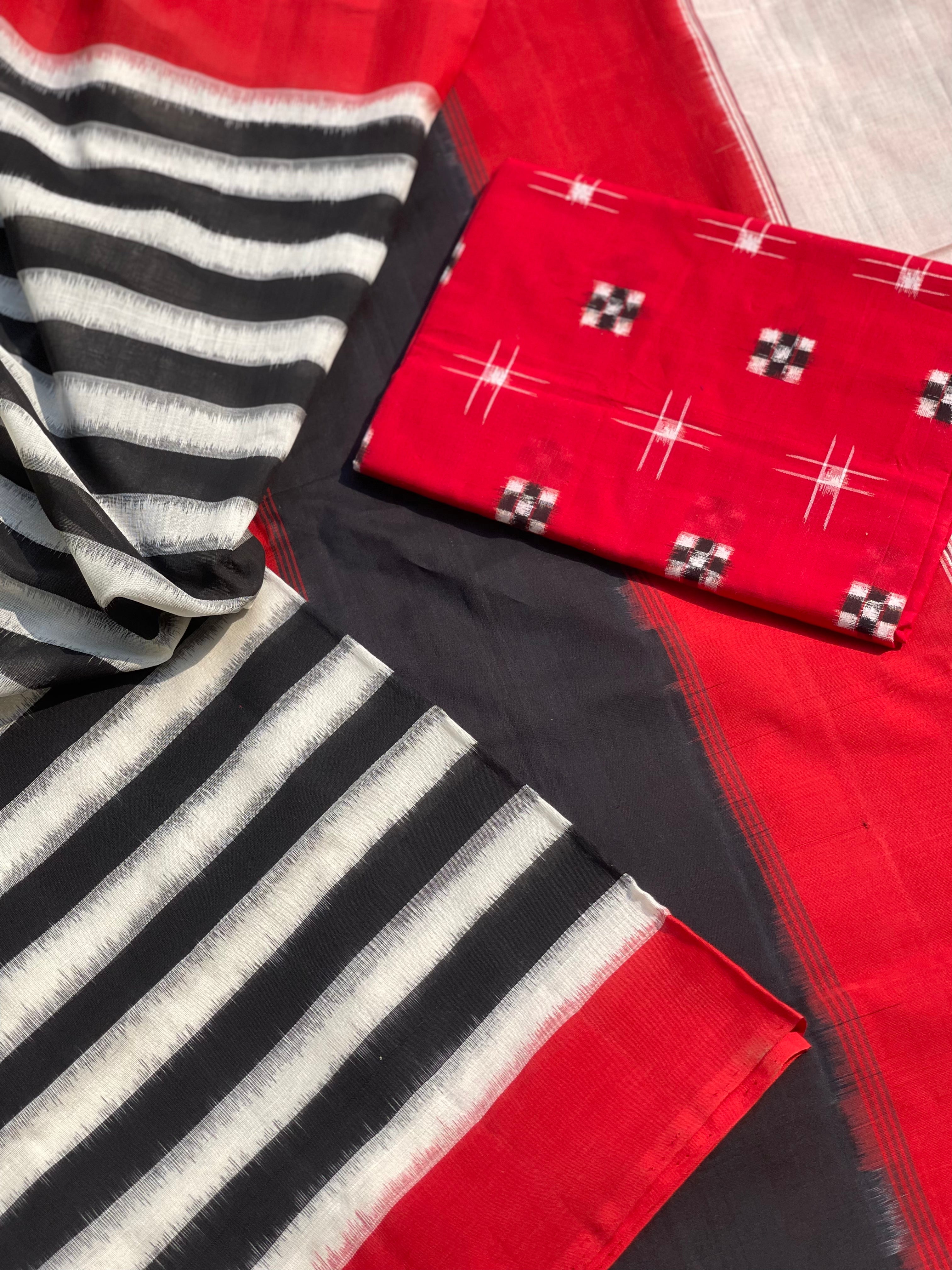 A Contemporary style striped double Ikkat cotton saree