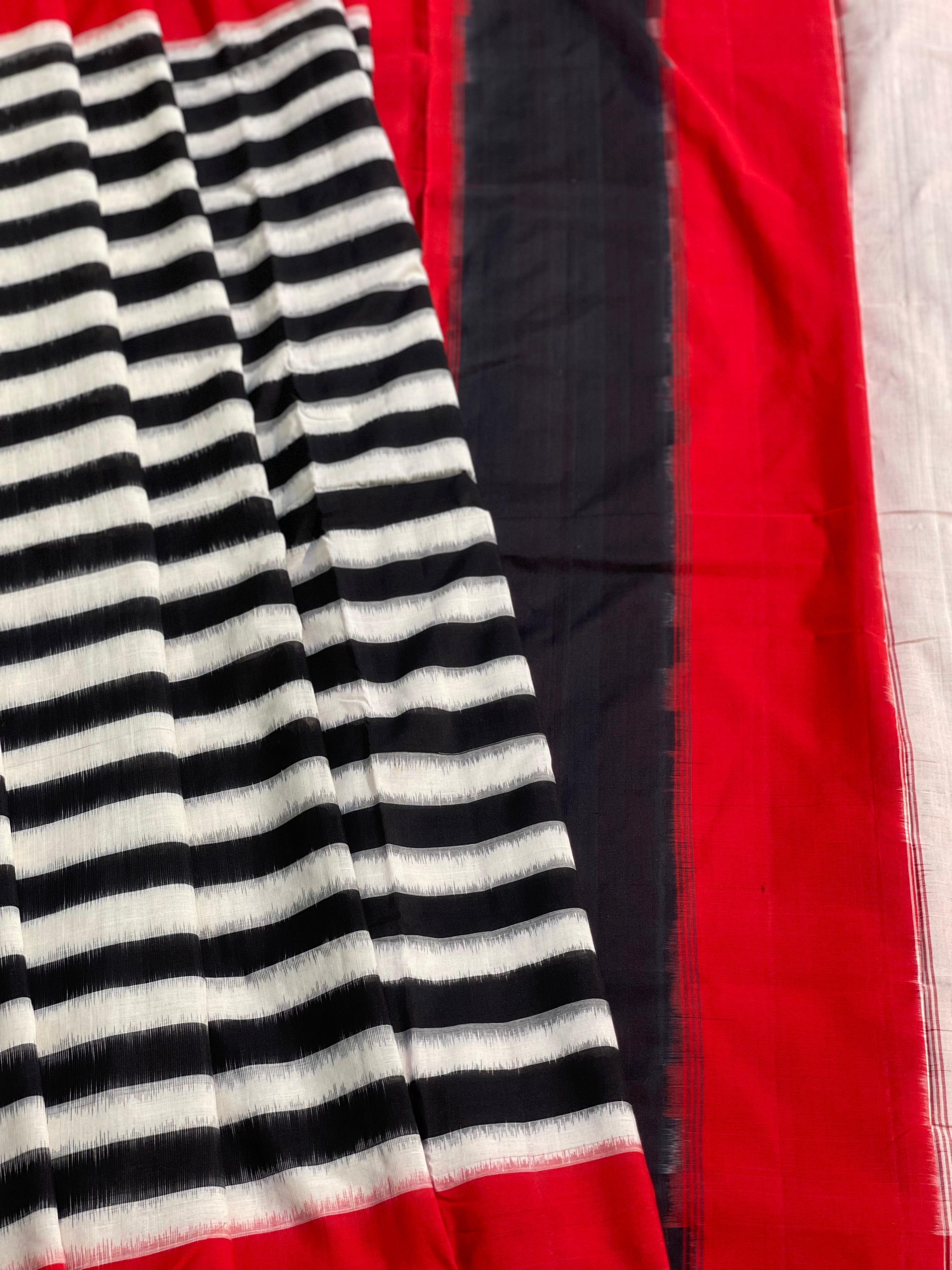 A Contemporary style striped double Ikkat cotton saree