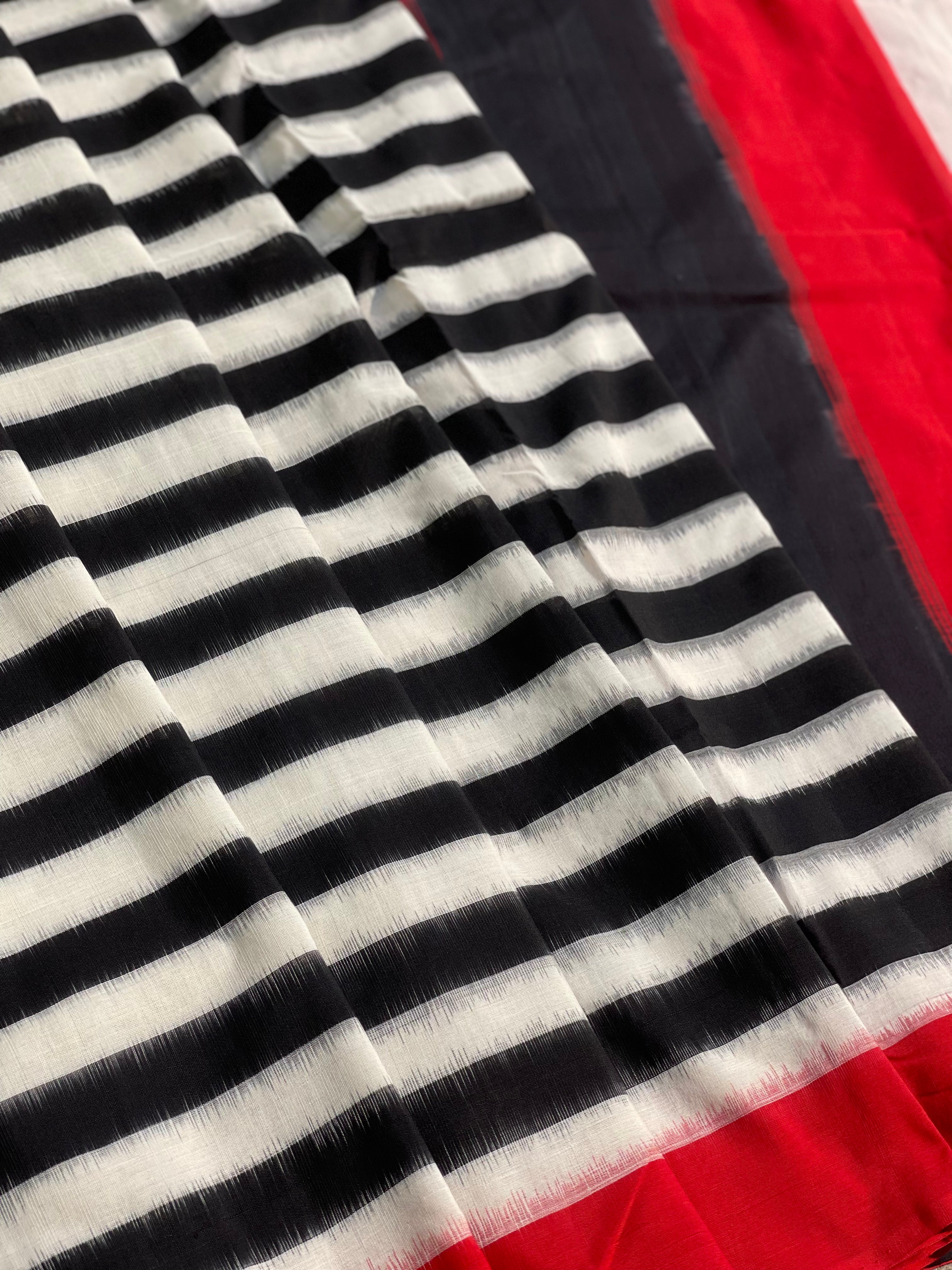 A Contemporary style striped double Ikkat cotton saree