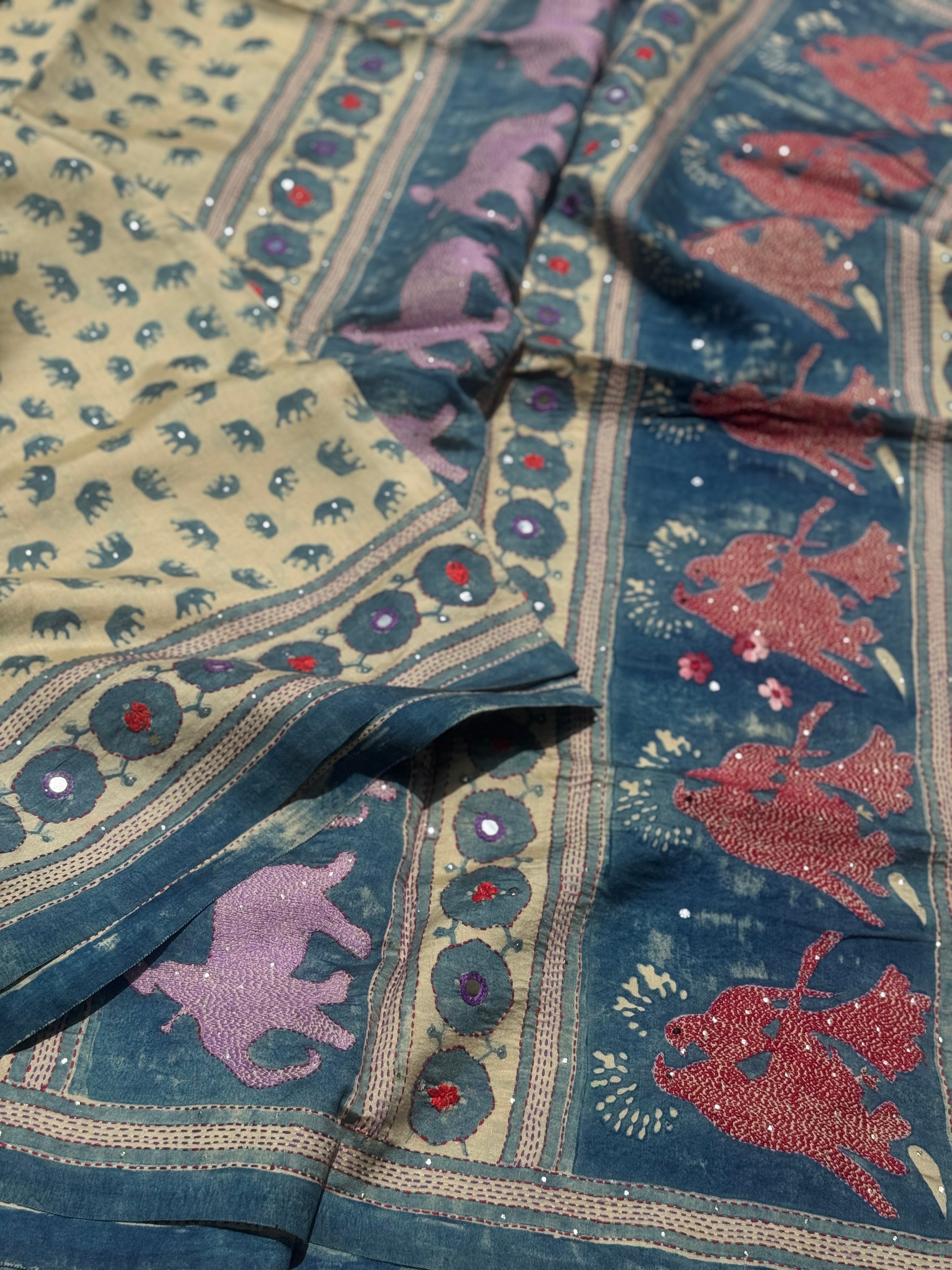 FUSION THARAGAI- Natural dyed ajrakh printed mulberry silk SAREE with mukesh badla work