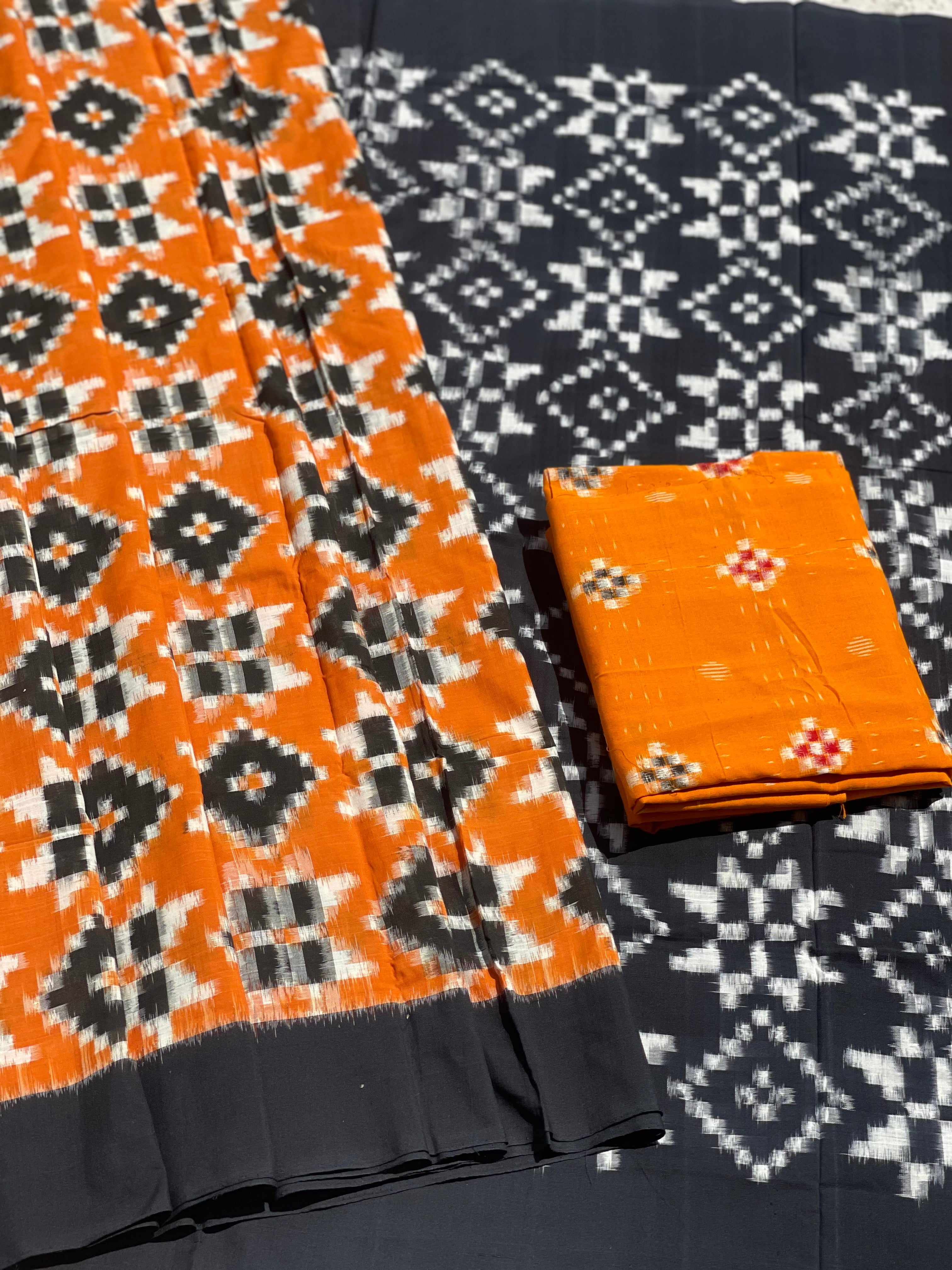 Telia Rumal Inspired cotton double Ikkat saree in yellow and black