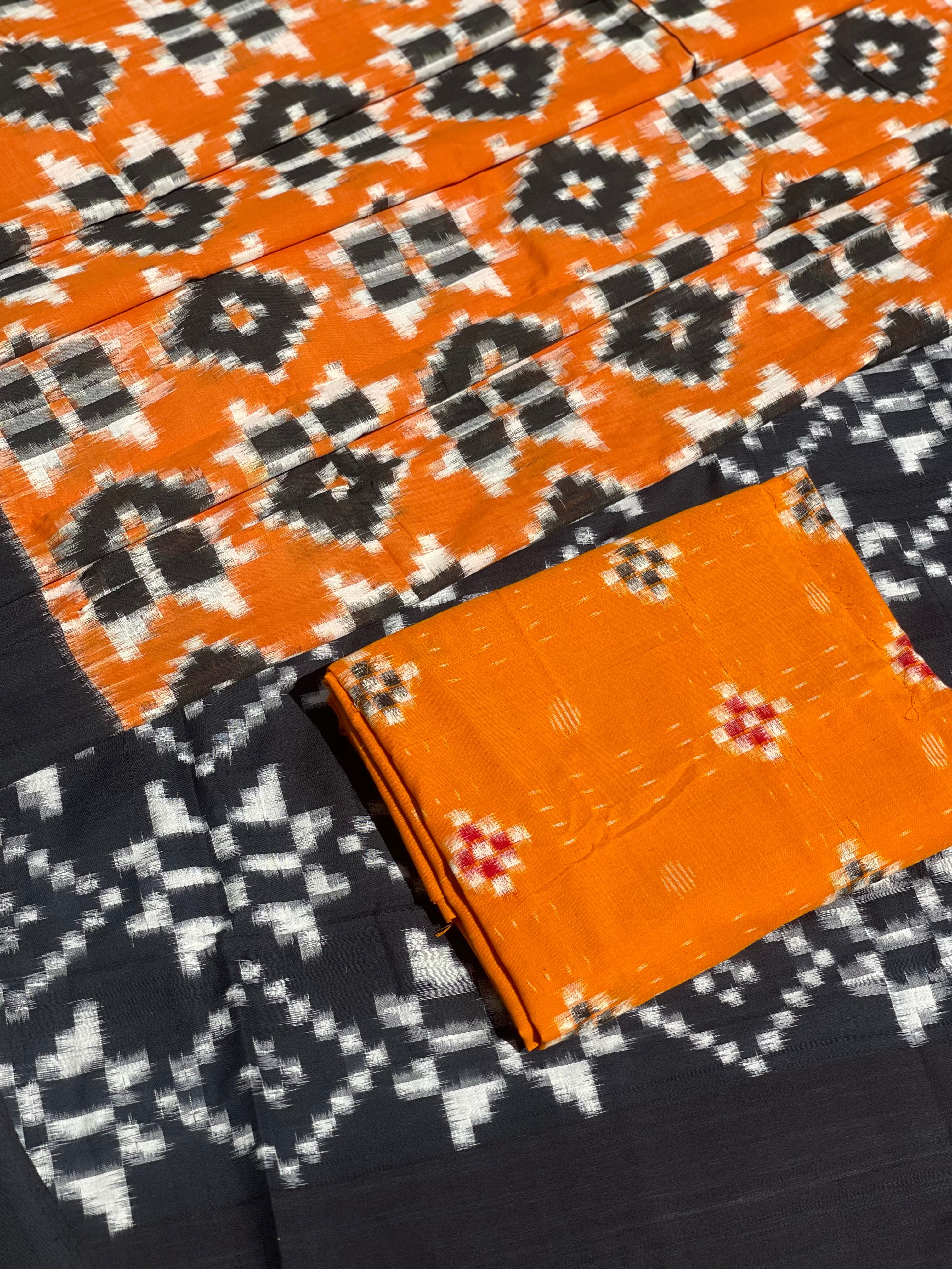 Telia Rumal Inspired cotton double Ikkat saree in yellow and black