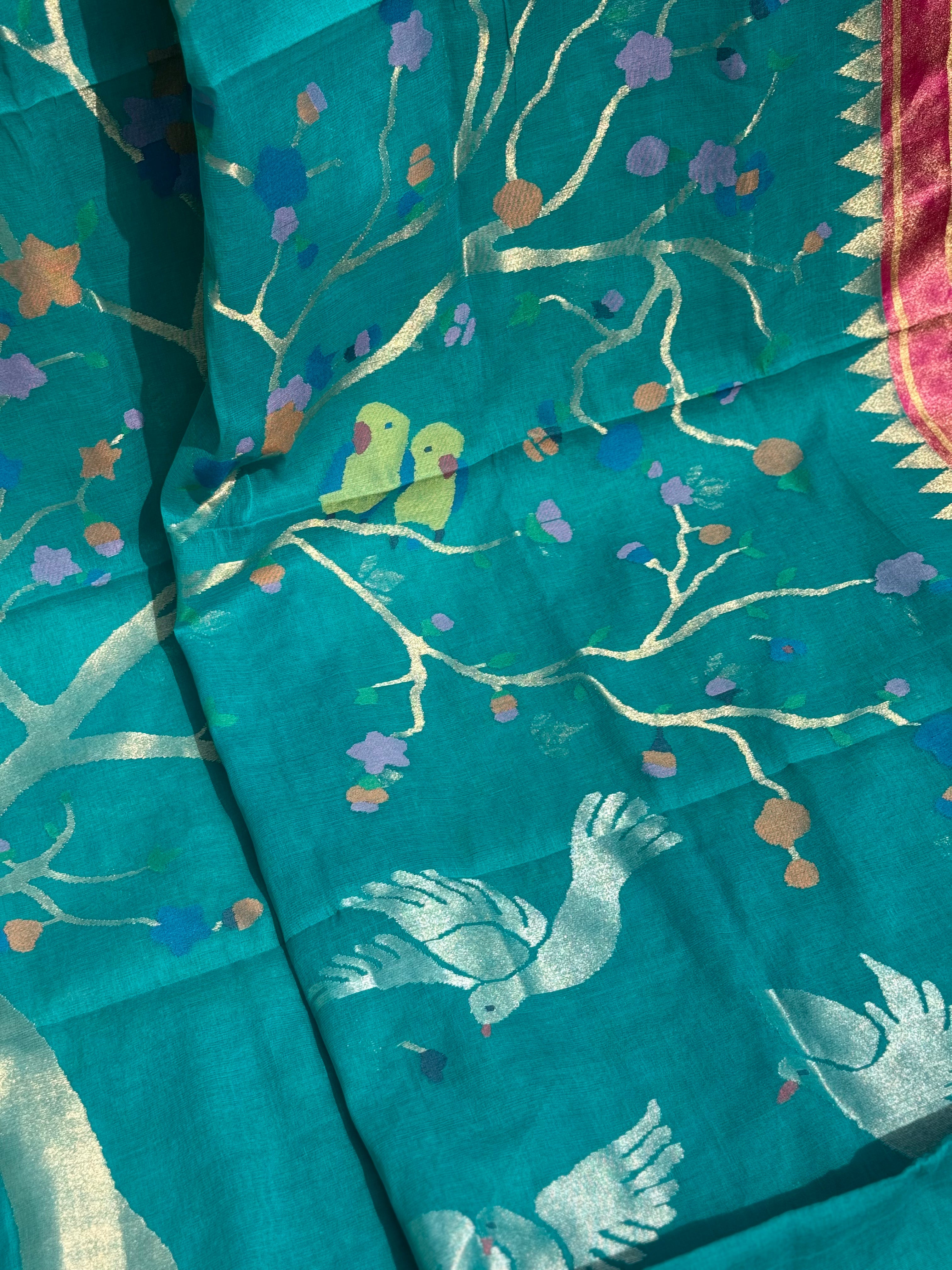 Designer Exclusive Jaal weave jamdani ponduru khadi cotton peacock teal saree