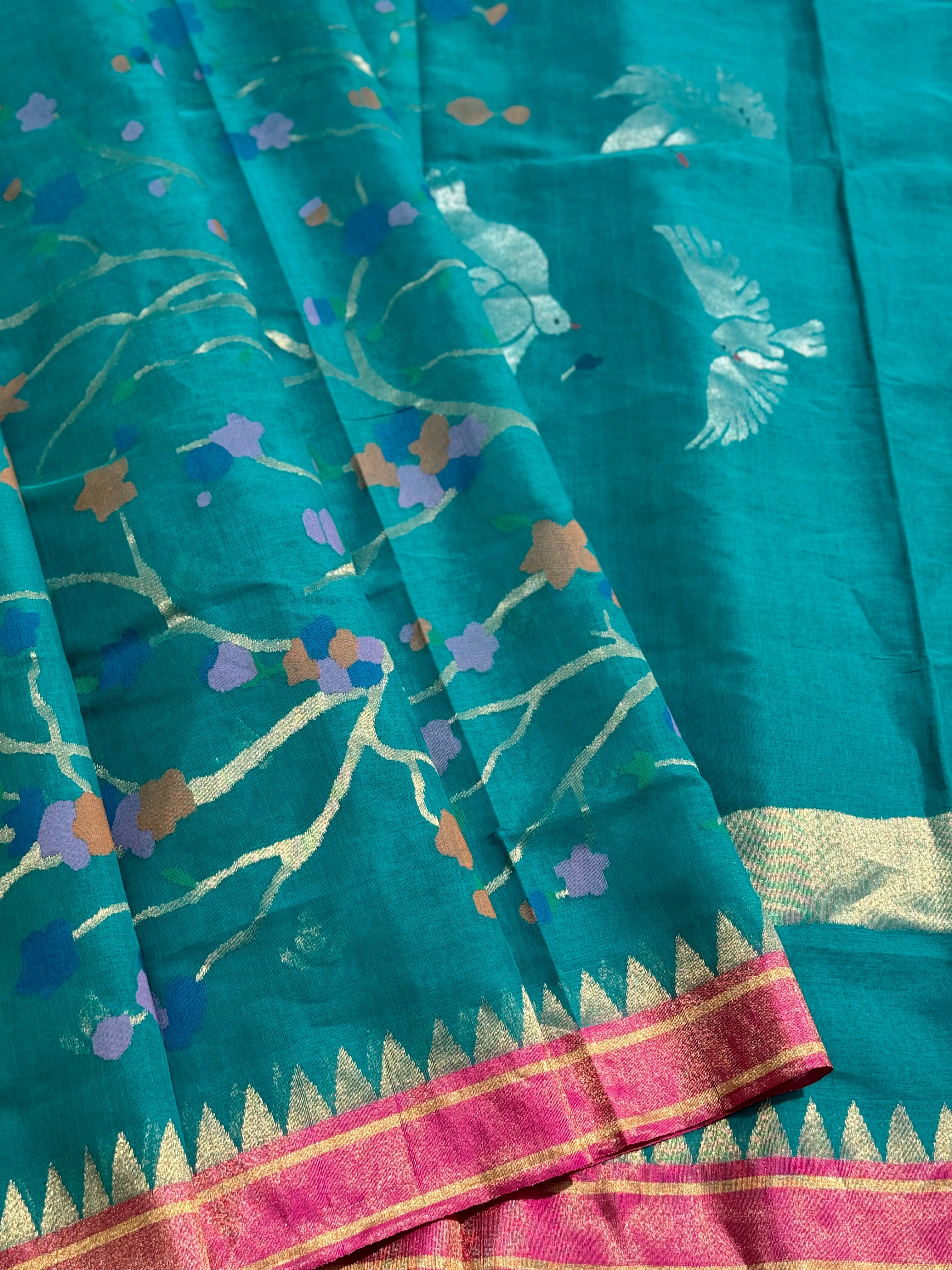 Designer Exclusive Jaal weave jamdani ponduru khadi cotton peacock teal saree