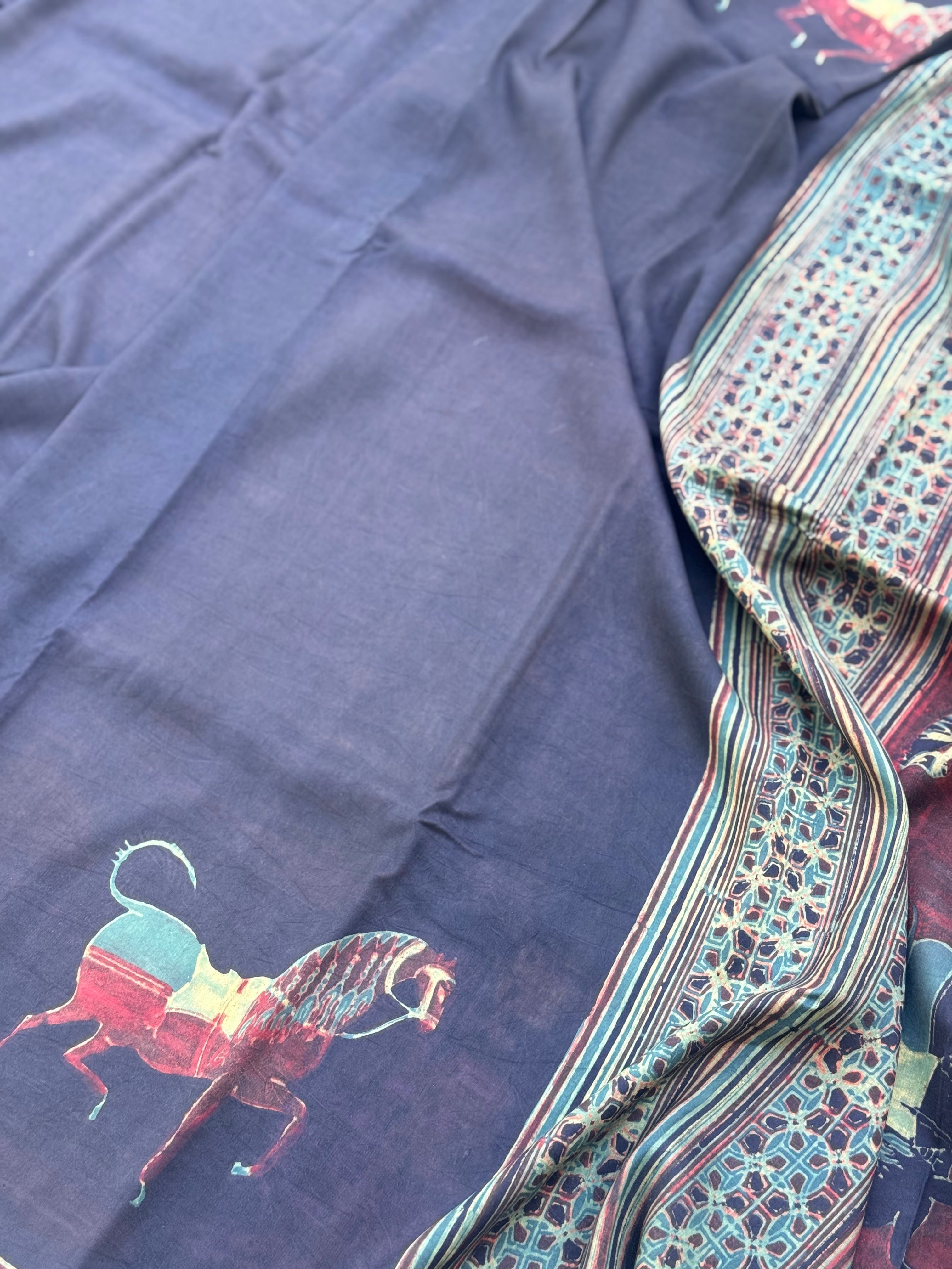 Natural Dyed Ajrakh Double Resist horse Block printed mulberry Silk Saree