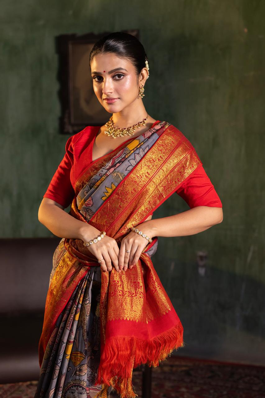 VRATHAPANI - A mythology Gandharvas depiction of Complete Hand Drawn And Hand Painted Penkalamkari In korvai Kanchivaram Silk Saree