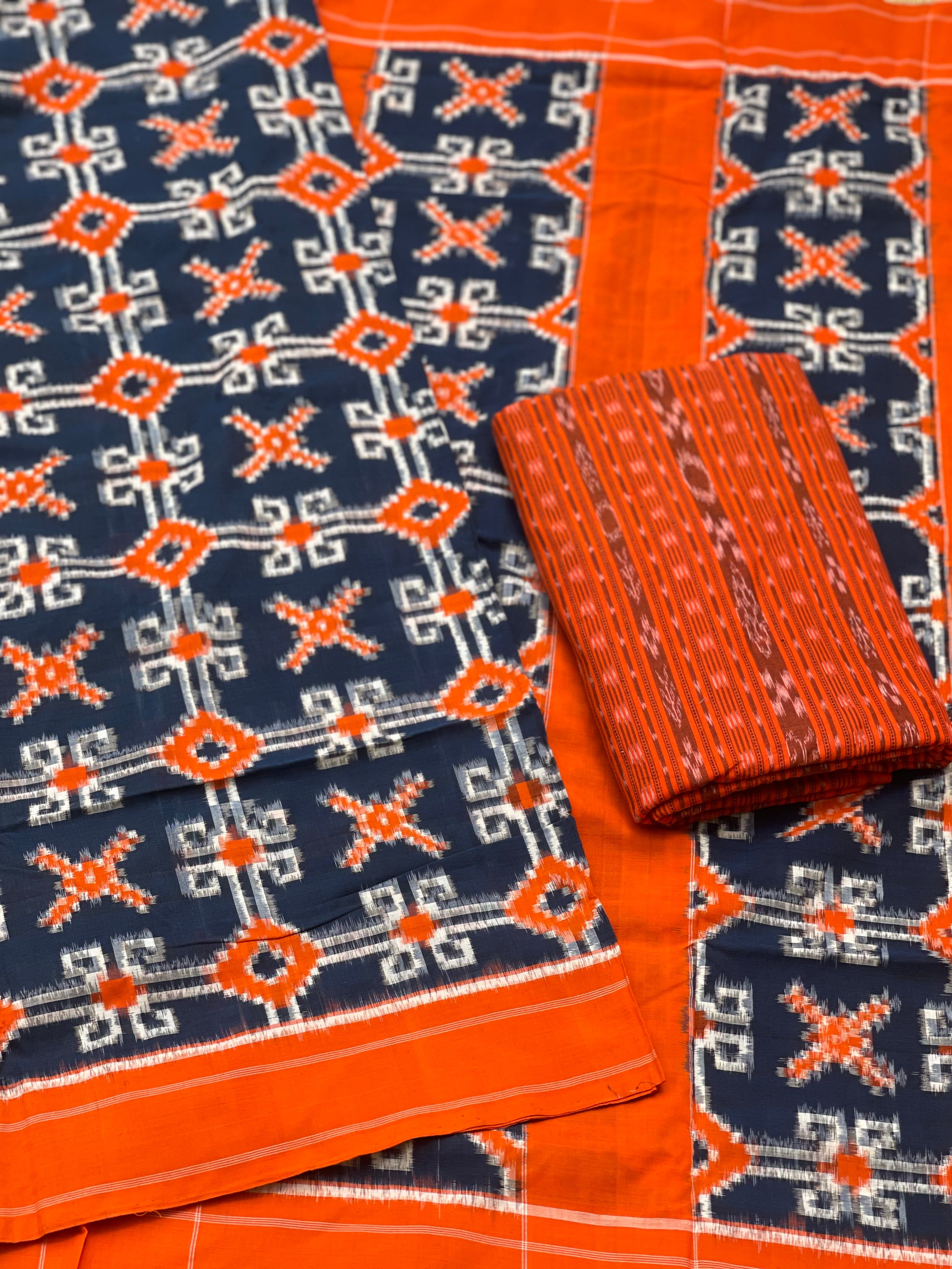 Tangerine Orange with blue Telia Inspired Double Ikkat Cotton Saree