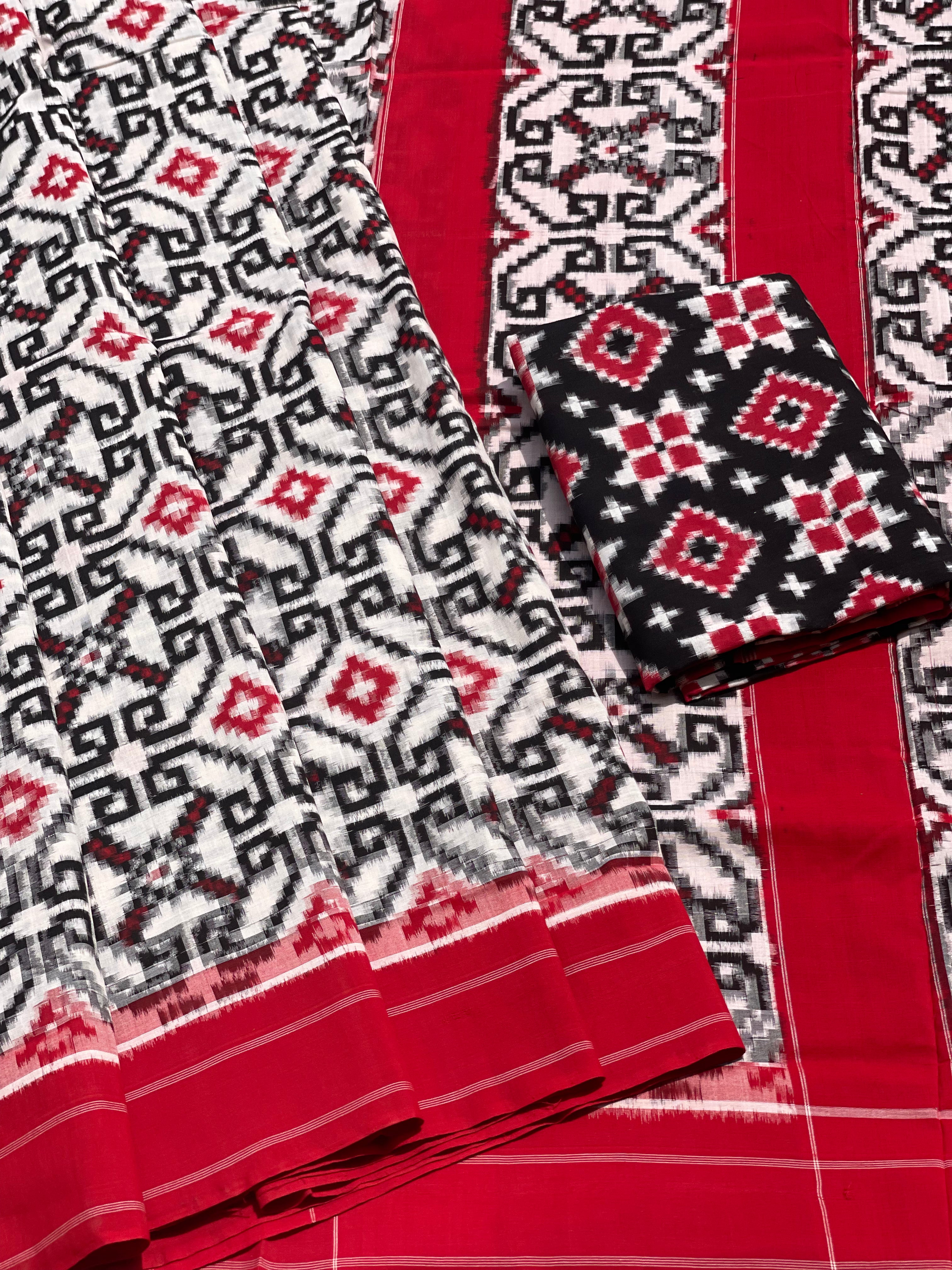 Red and White Double Ikkat cotton Telia Rumal Saree