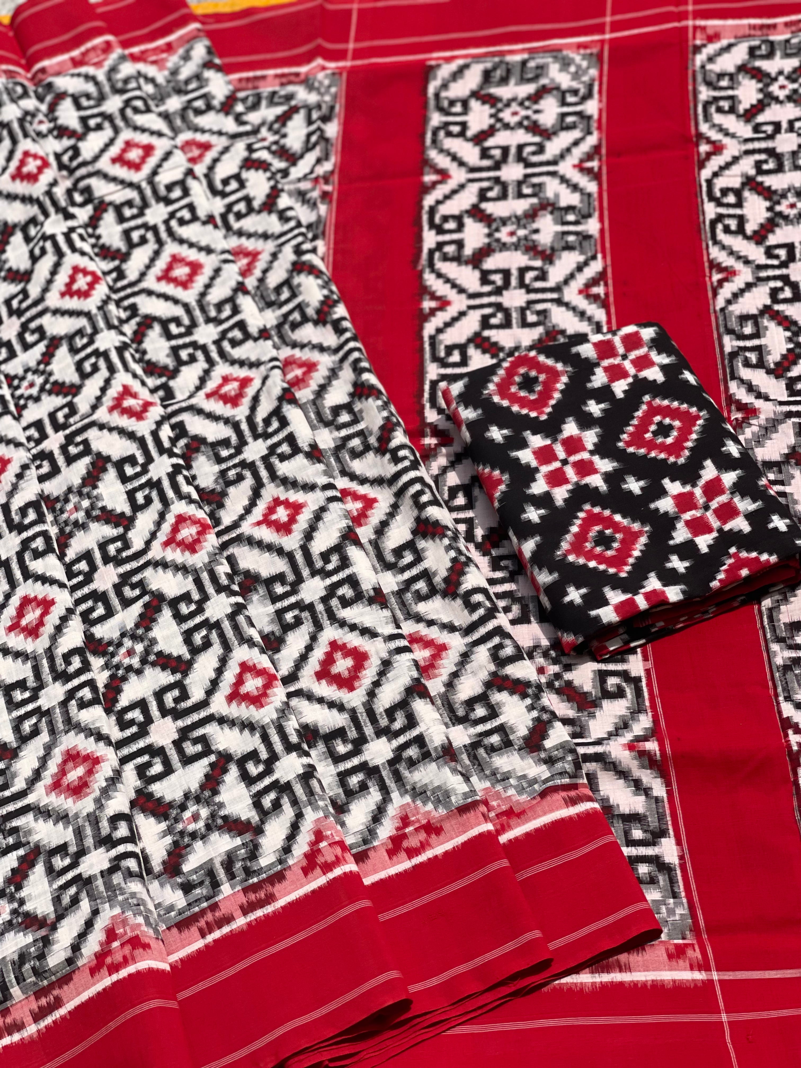 Red and White Double Ikkat cotton Telia Rumal Saree