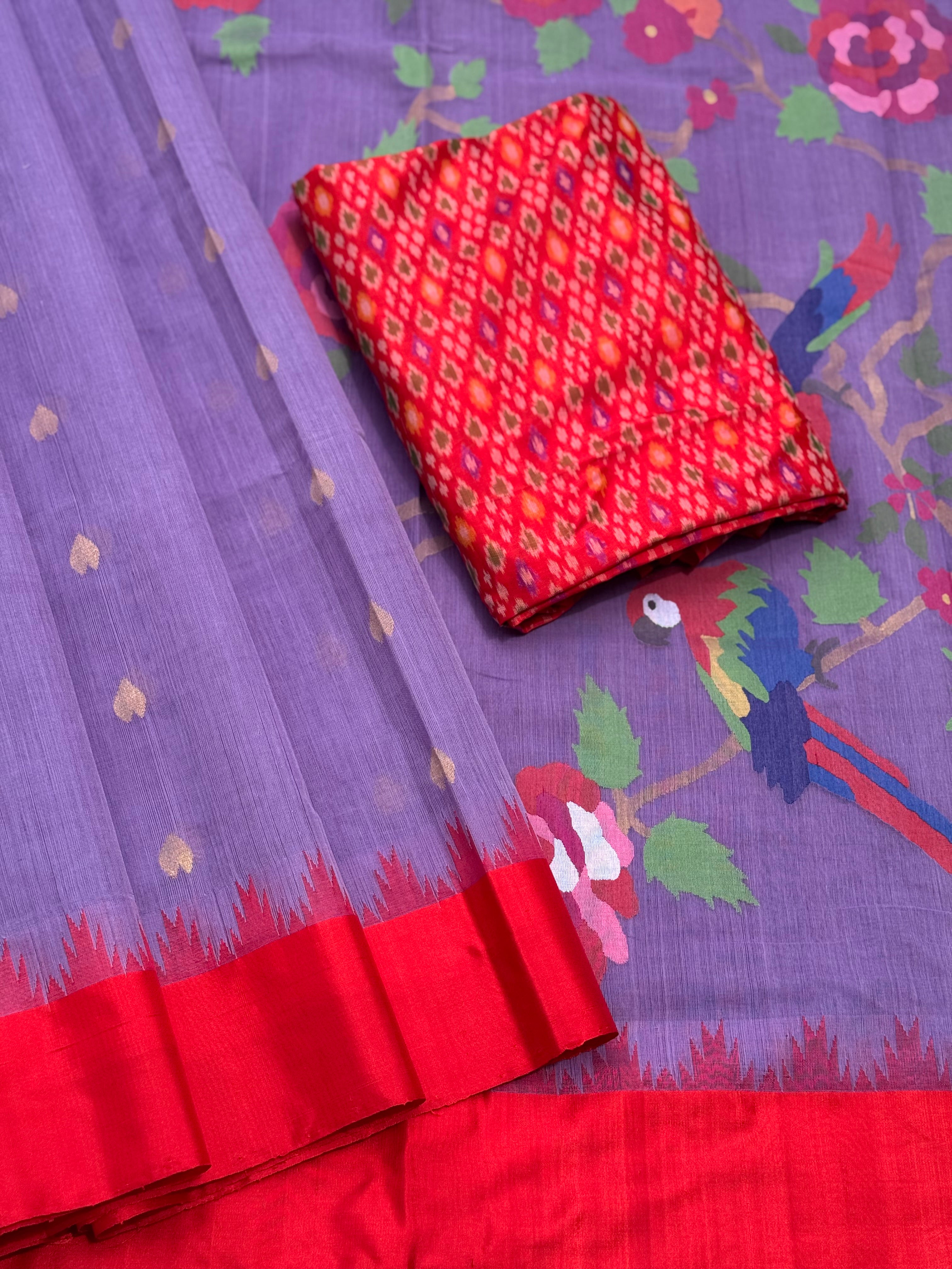 A gorgeous lilac with red shade handspun ponduru Khadhi jamdani cotton saree