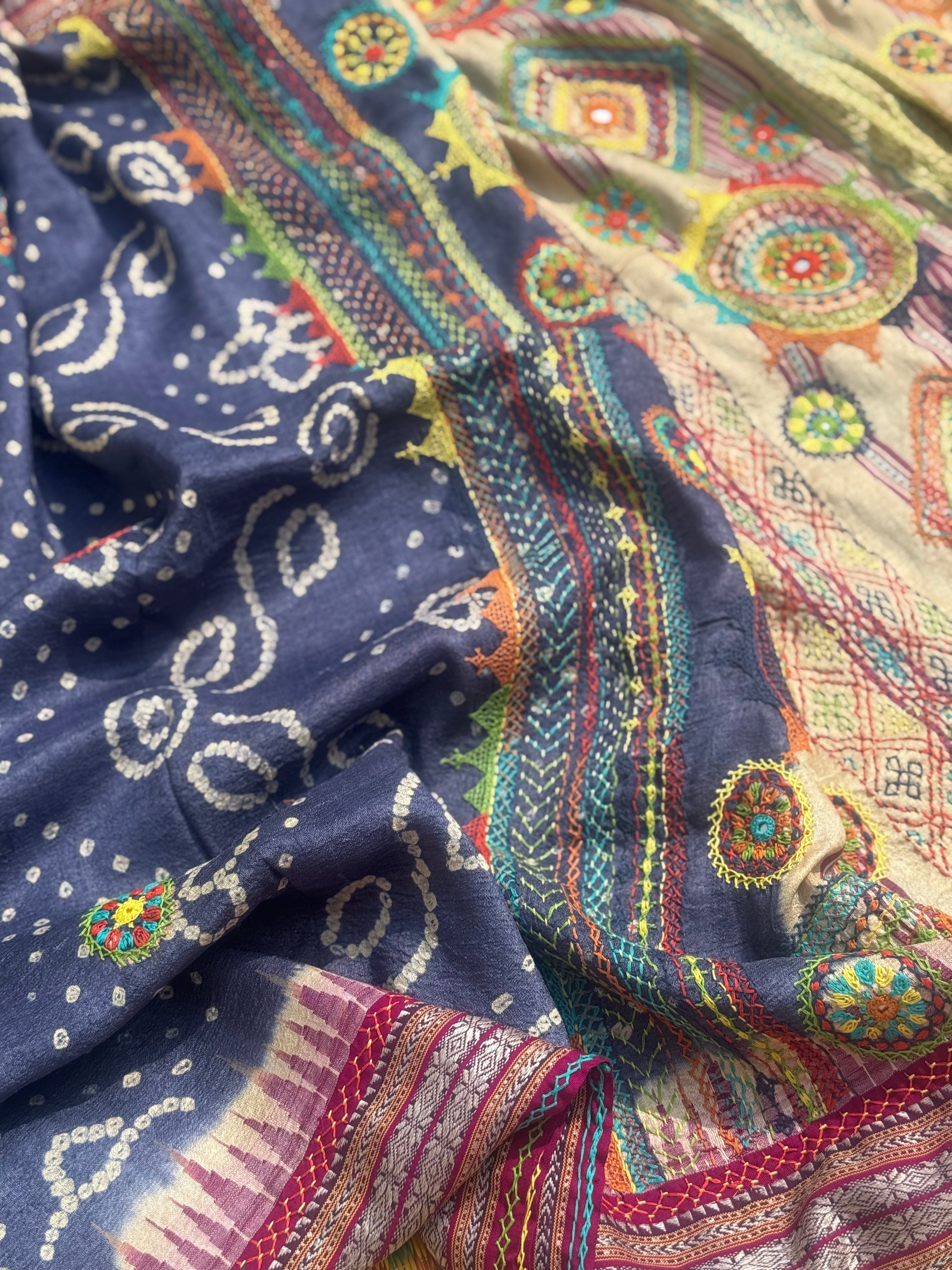 Masterpiece fusion work on handknotted bhandhej with handmade mirrorwork lambani tribal art on vidharbha tussar silk