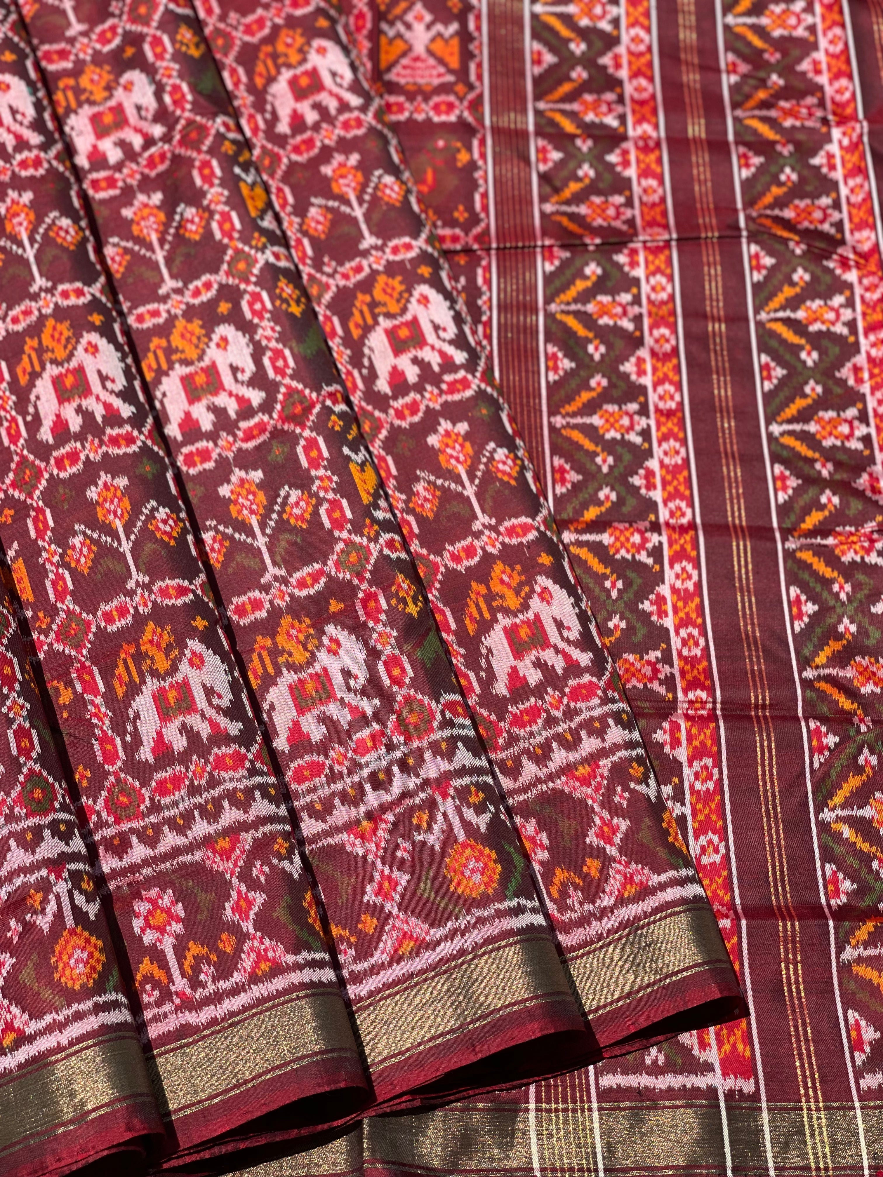 Deep burgundy Rajkot Patola Twill ikkat silk saree