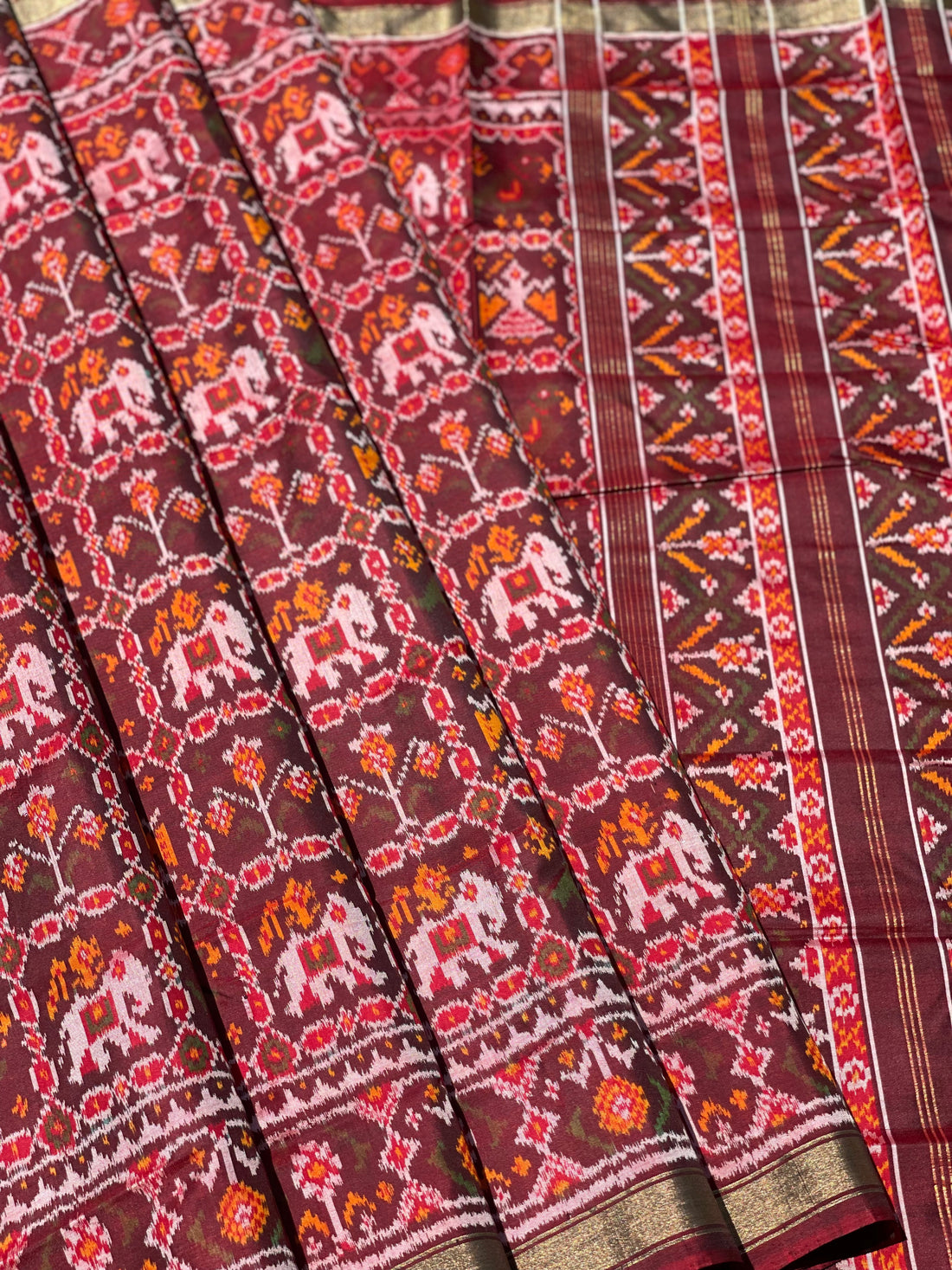 Deep burgundy Rajkot Patola Twill ikkat silk saree