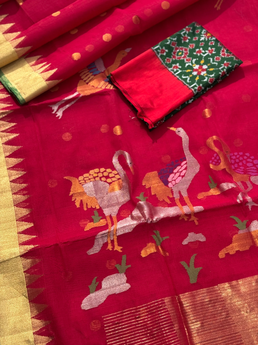 A gorgeous handspun ponduru Khadhi jamdani cotton saree in red