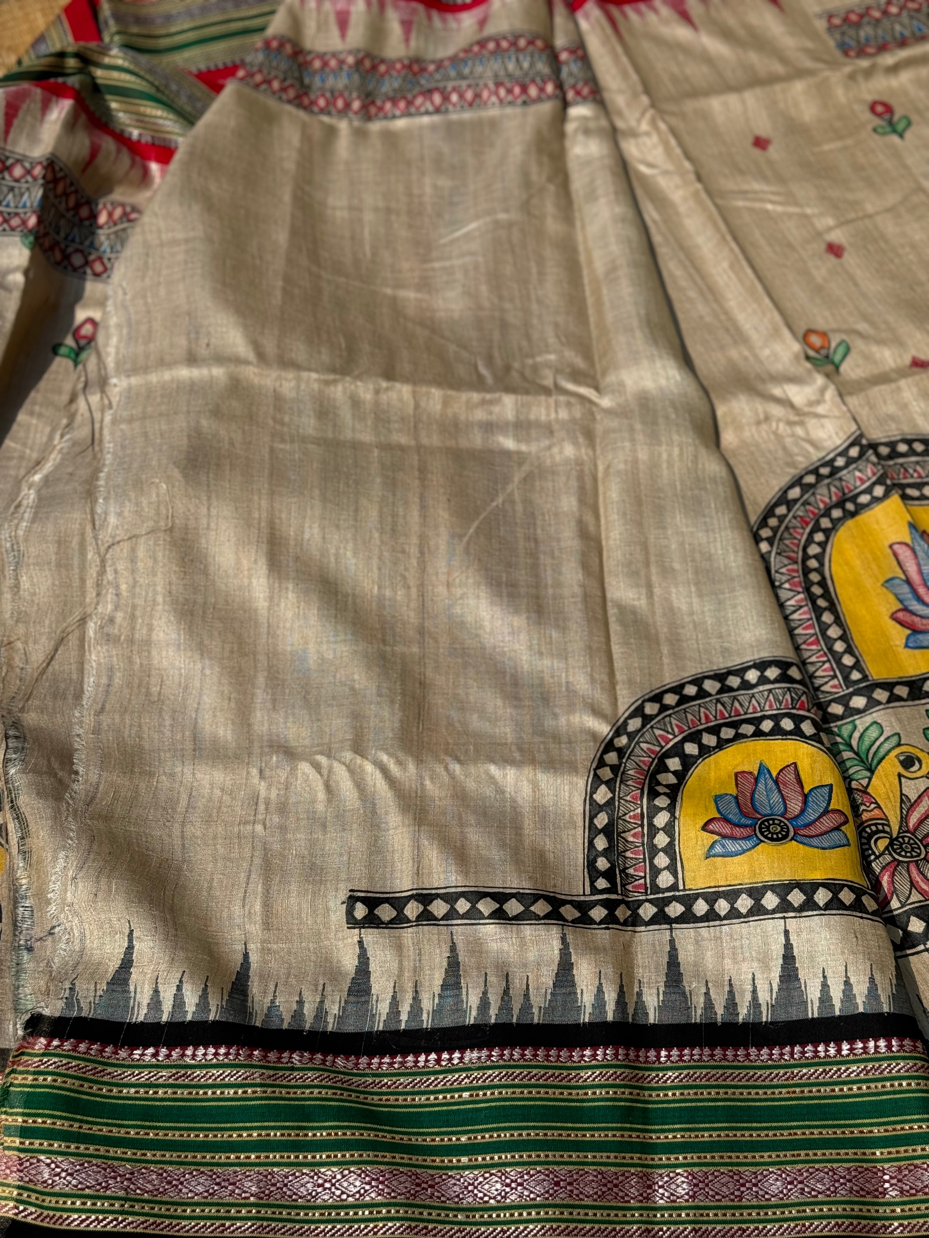 Vidarbha tussar silk saree with Karvati kinar border having Madhubani folk artwork
