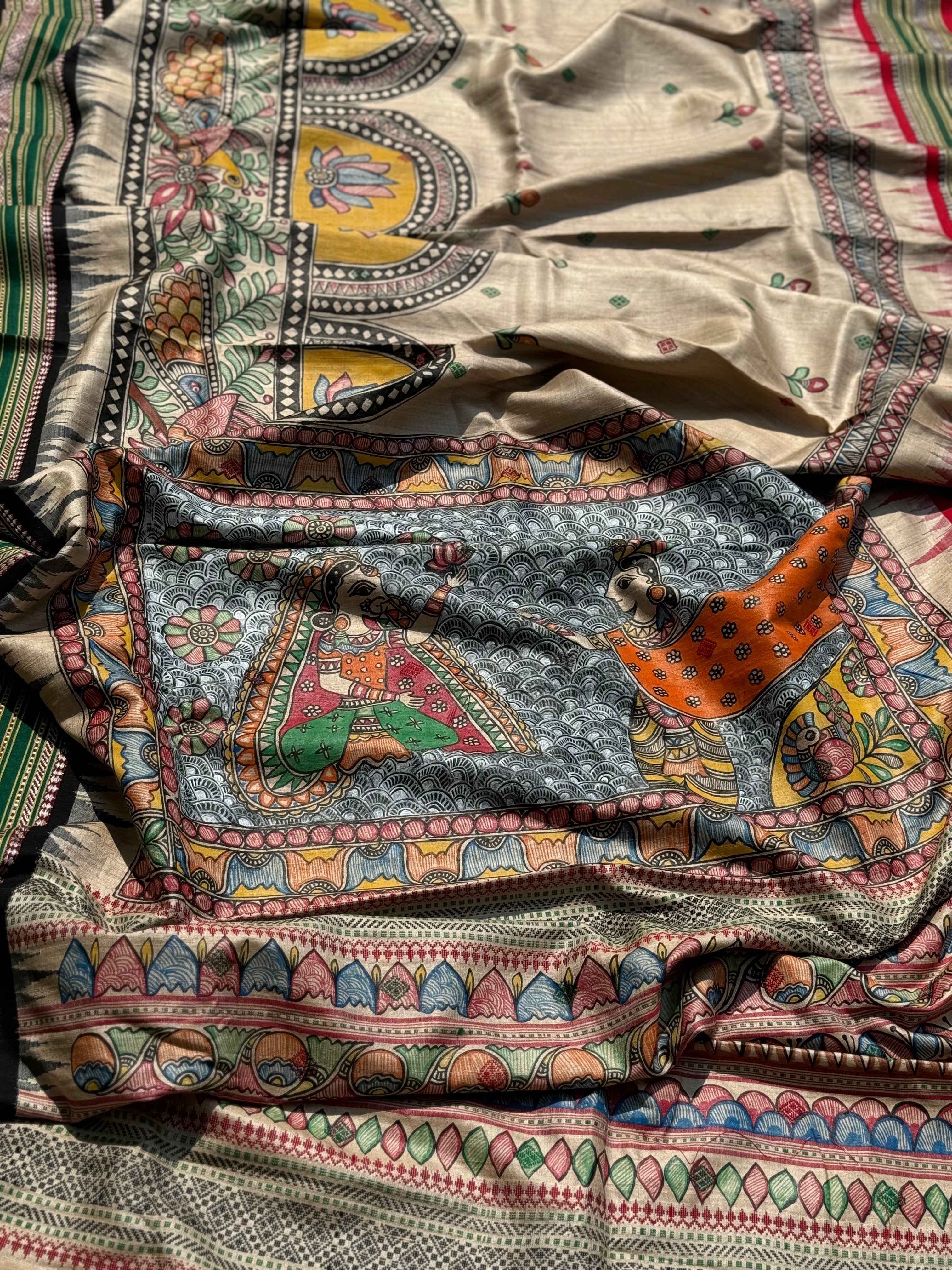 Vidarbha tussar silk saree with Karvati kinar border having Madhubani folk artwork