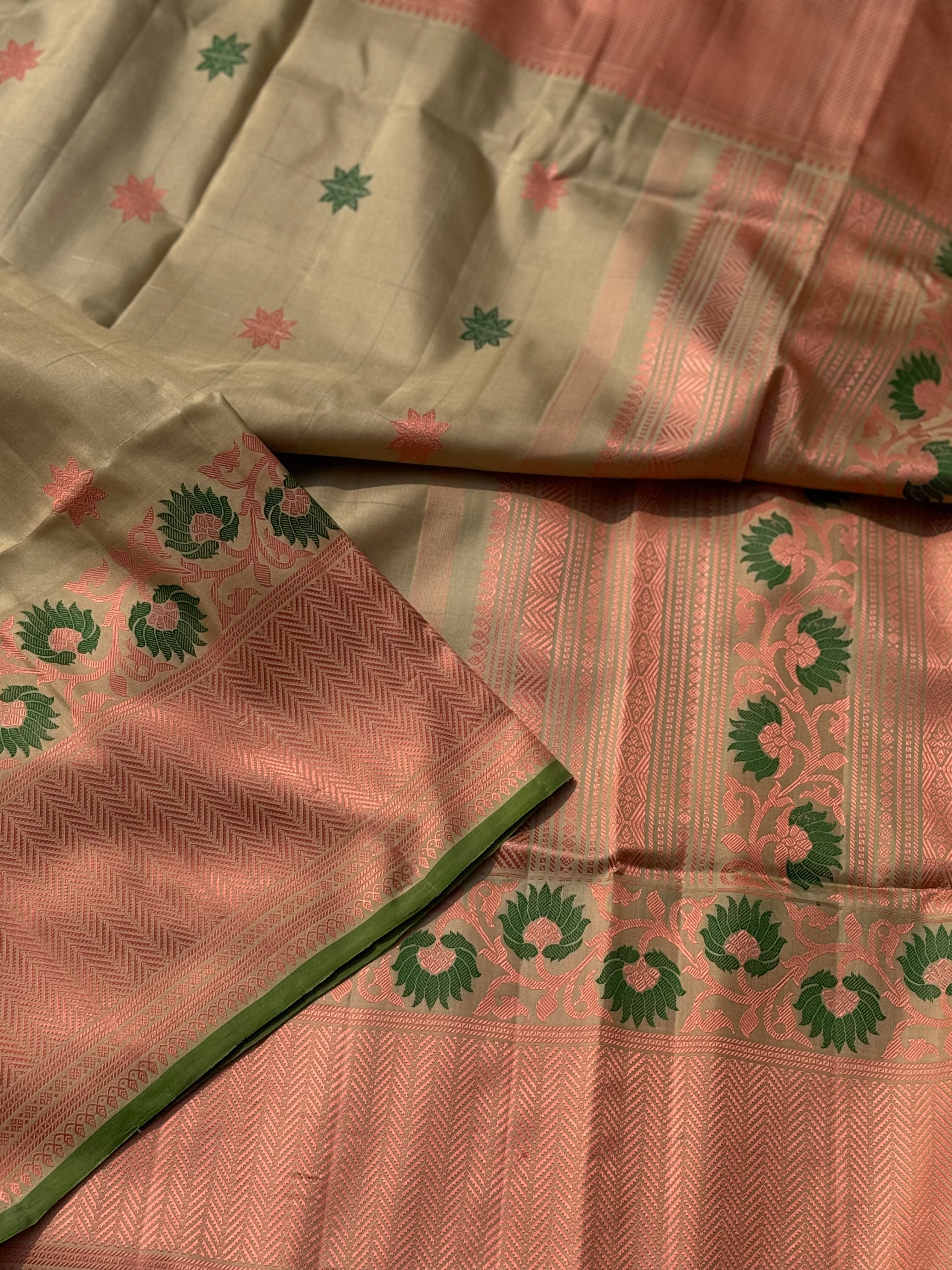 Reserved for Deba - A gorgeous No Zari ivory with peach and green handwoven soft and lustrous gadwal silk saree