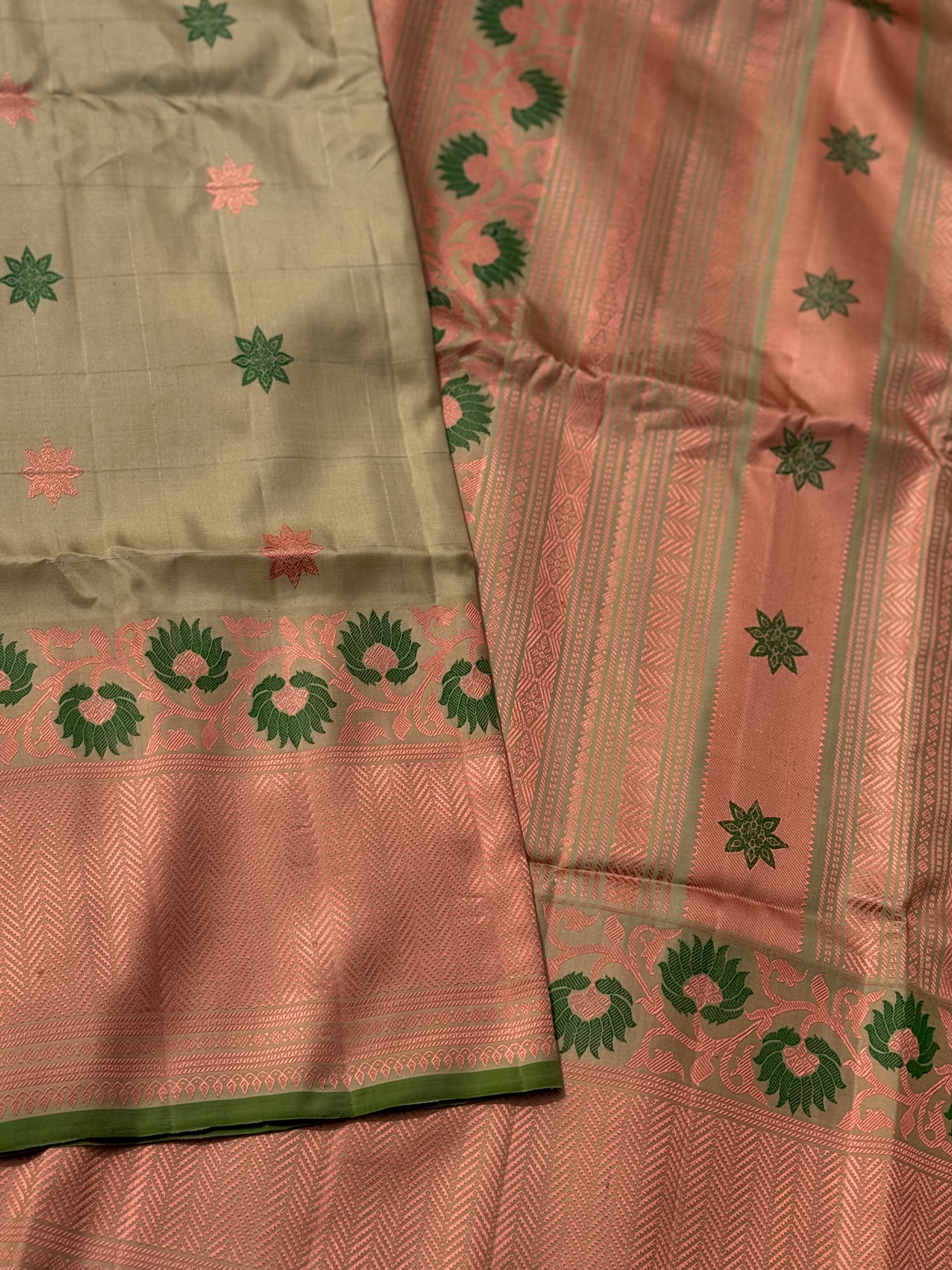 Reserved for Deba - A gorgeous No Zari ivory with peach and green handwoven soft and lustrous gadwal silk saree