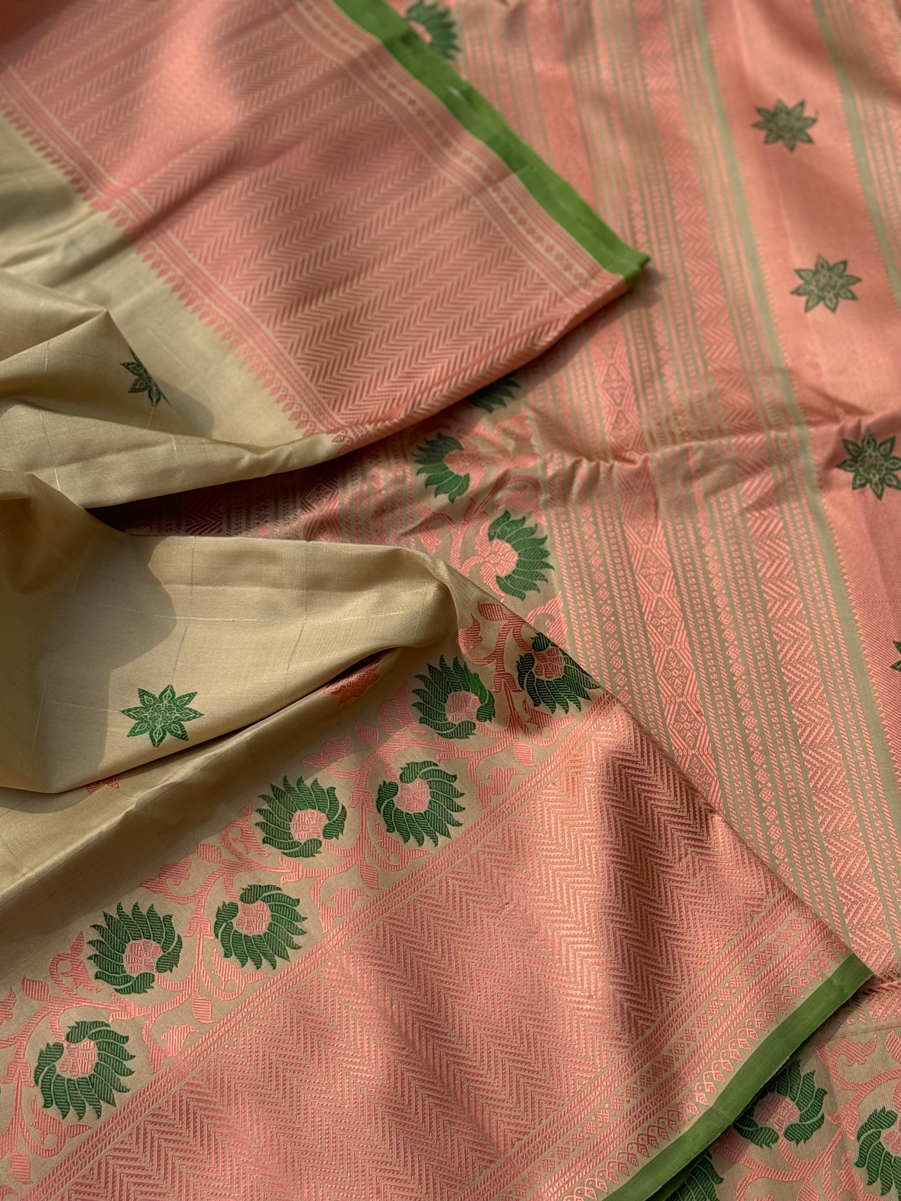 Reserved for Deba - A gorgeous No Zari ivory with peach and green handwoven soft and lustrous gadwal silk saree