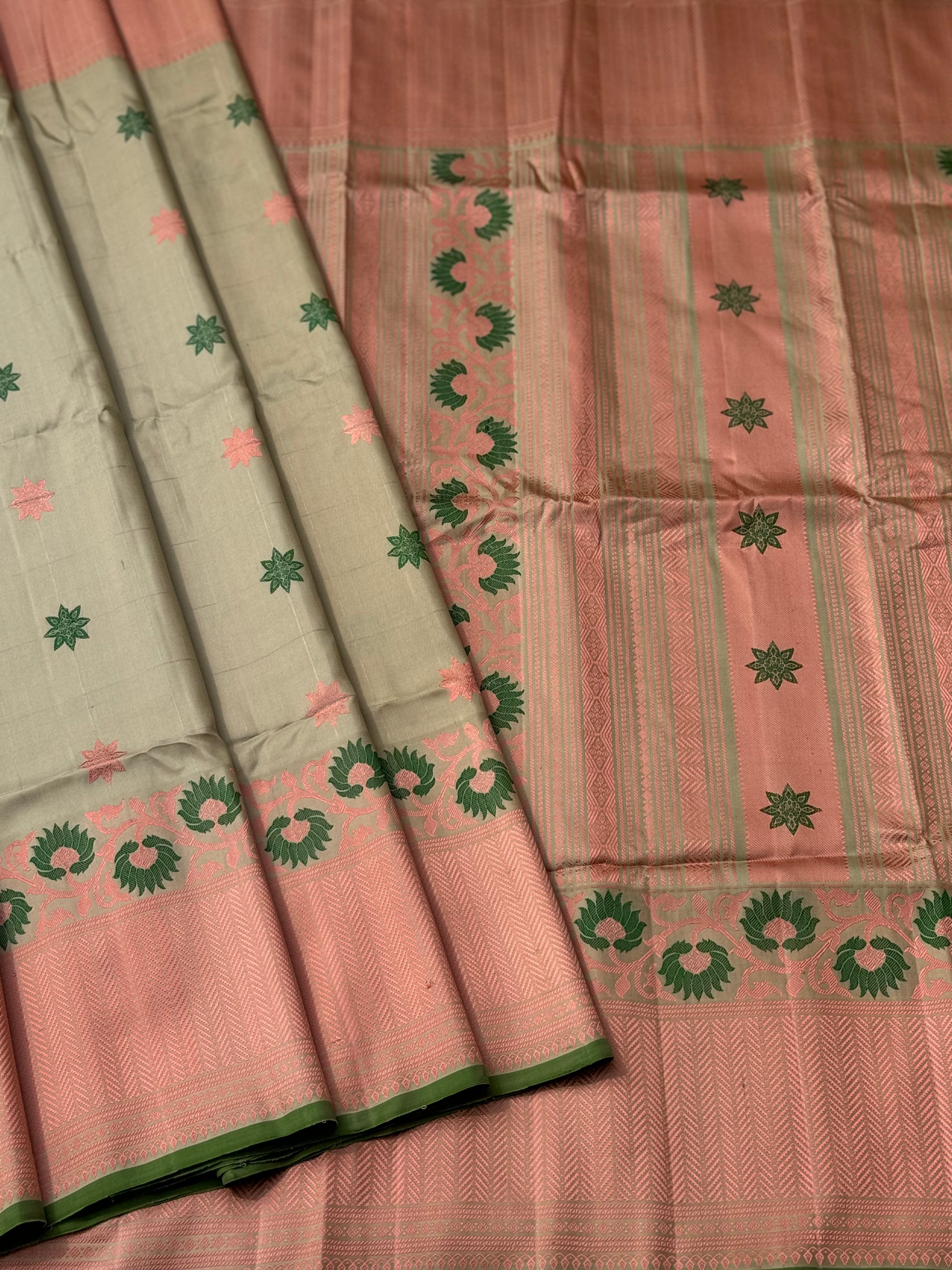 Reserved for Deba - A gorgeous No Zari ivory with peach and green handwoven soft and lustrous gadwal silk saree