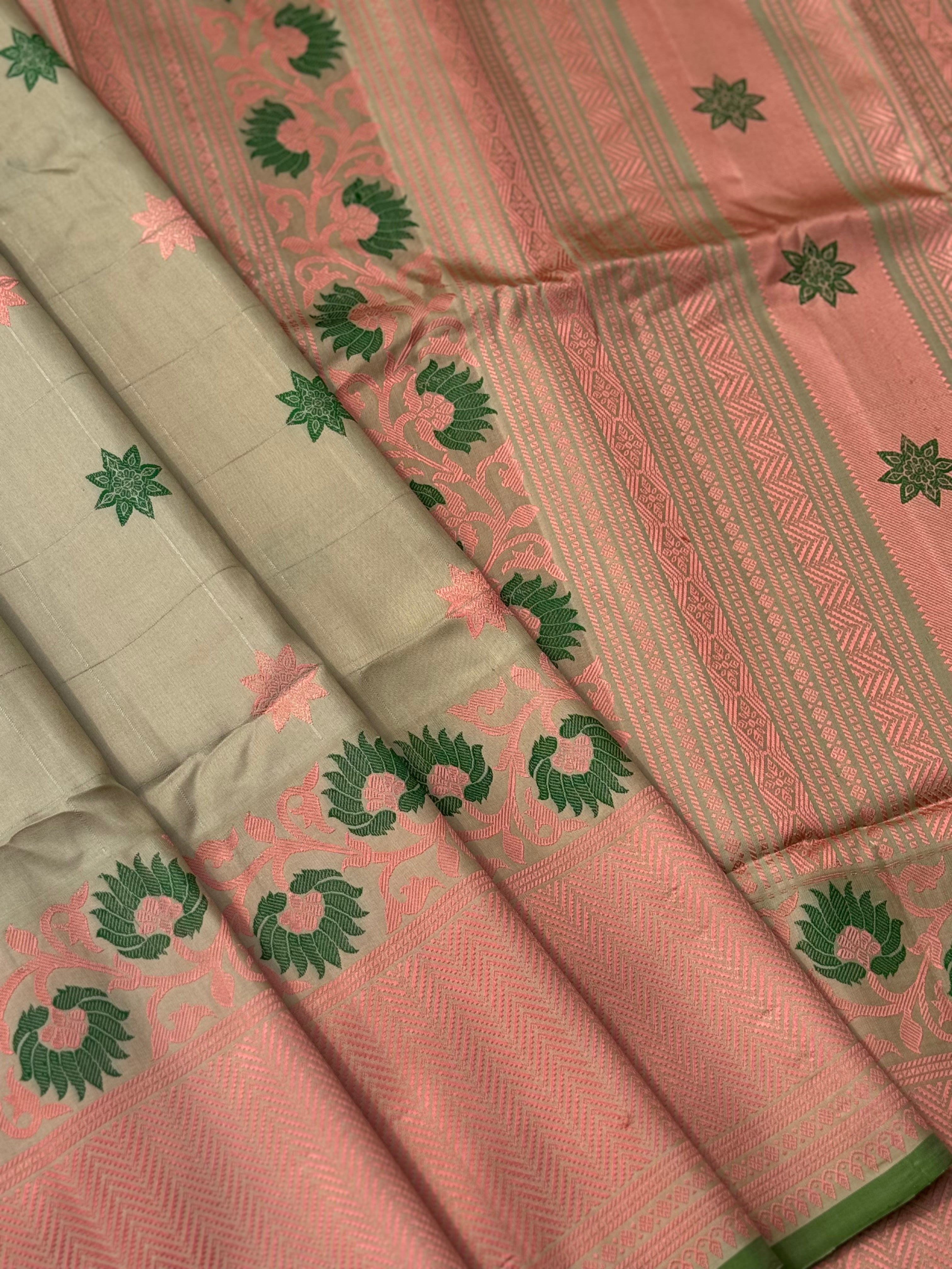 Reserved for Deba - A gorgeous No Zari ivory with peach and green handwoven soft and lustrous gadwal silk saree
