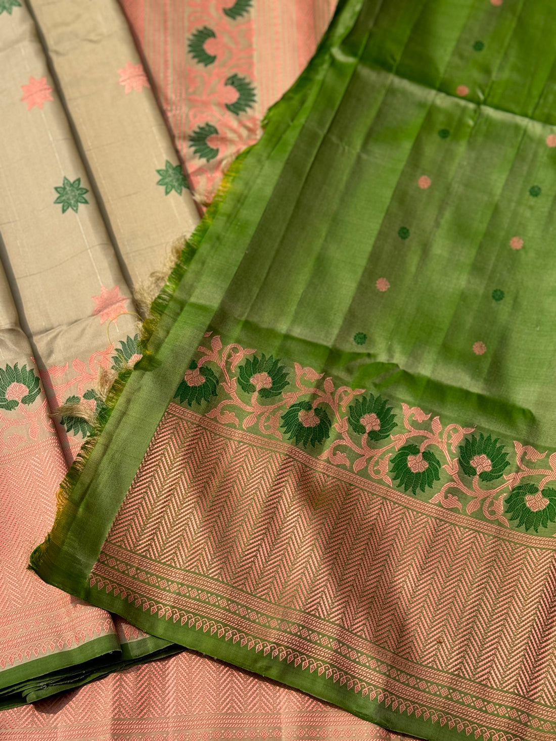 Reserved for Deba - A gorgeous No Zari ivory with peach and green handwoven soft and lustrous gadwal silk saree