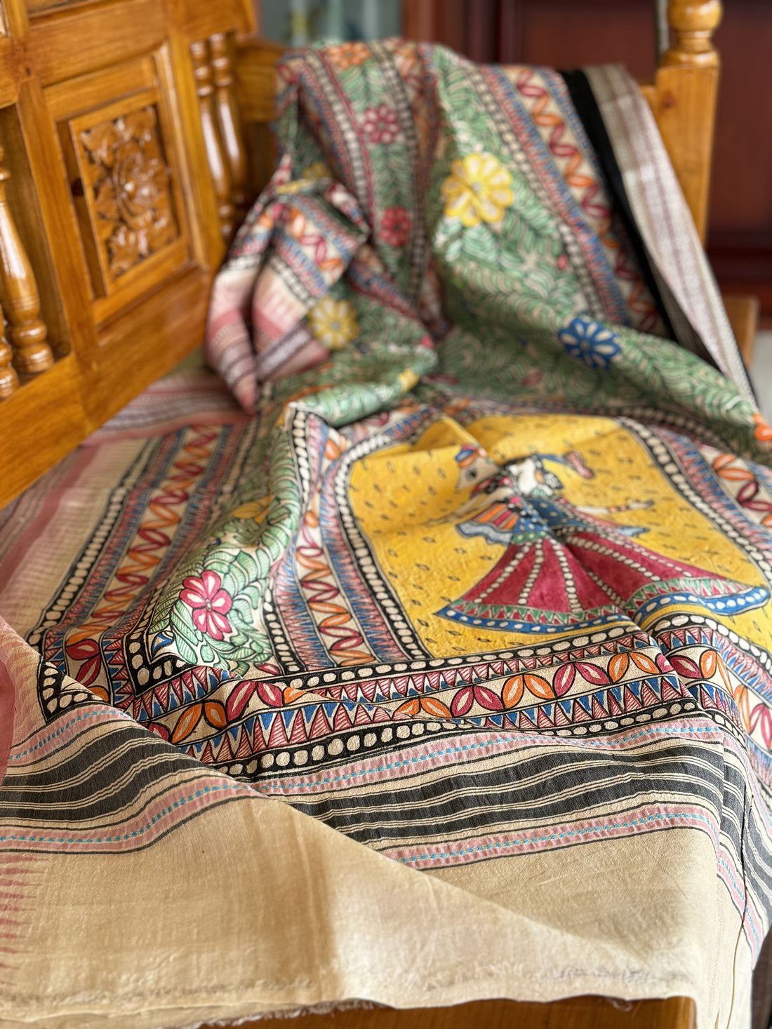 Handdrawn Handpainted Mithila folk art Madhubani painting Dupatta on vidharbha Tussar silk