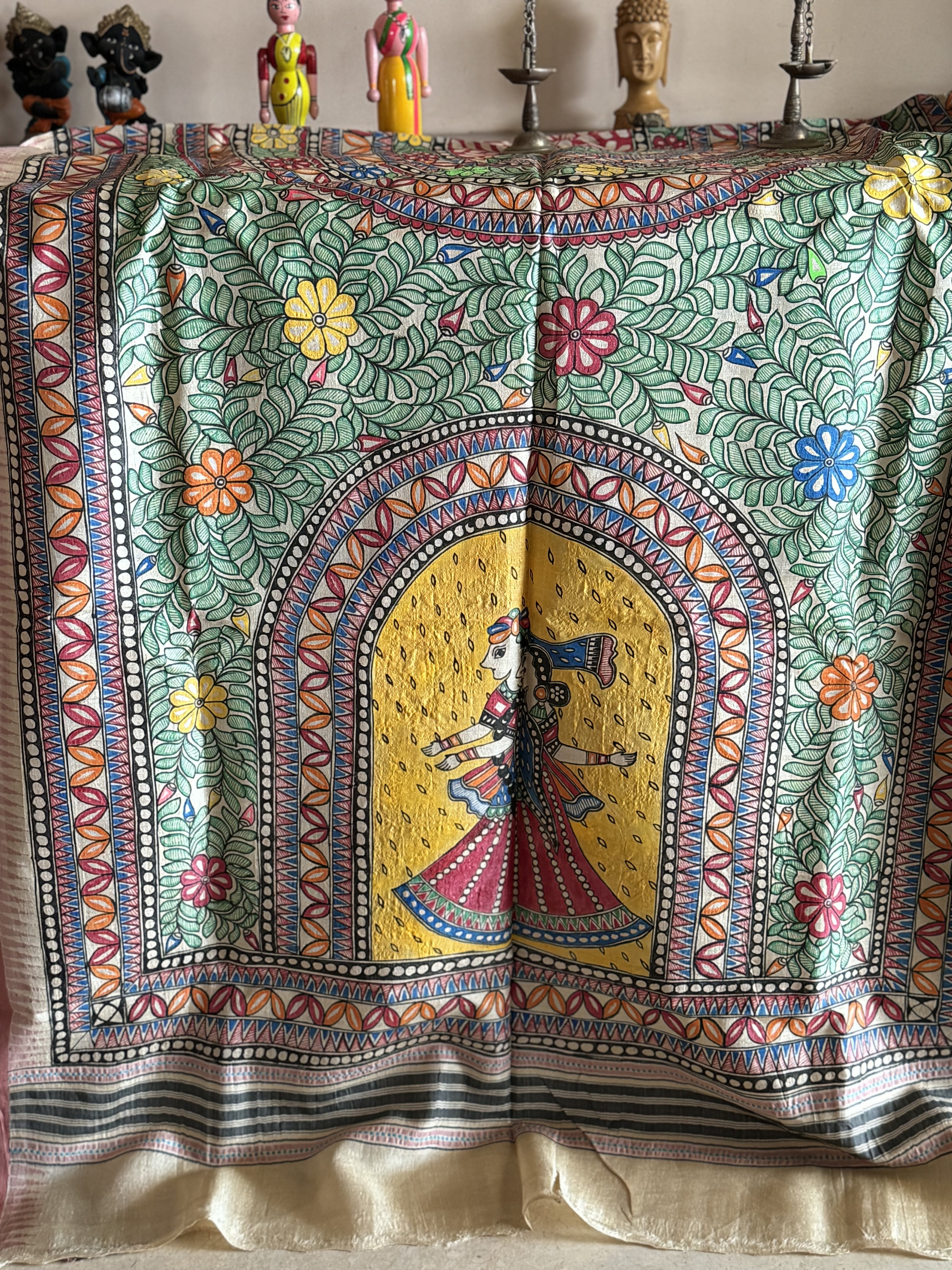 Handdrawn Handpainted Mithila folk art Madhubani painting Dupatta on vidharbha Tussar silk