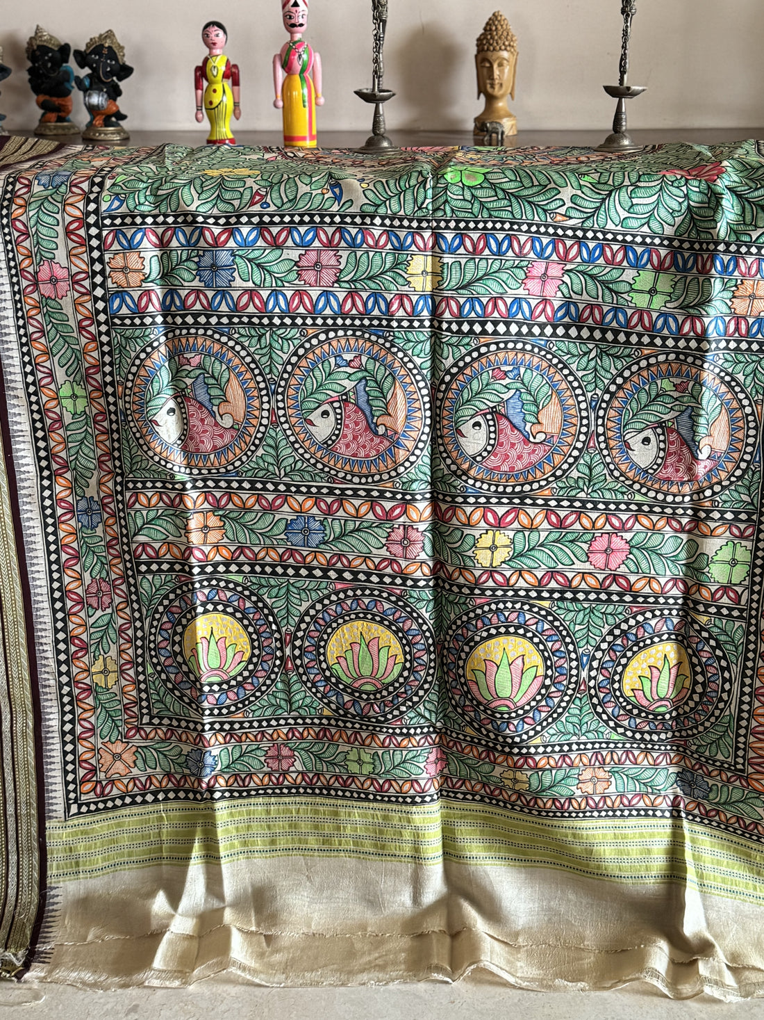 Handdrawn Handpainted Mithila folk art Madhubani painting Dupatta on vidharbha Tussarsilk