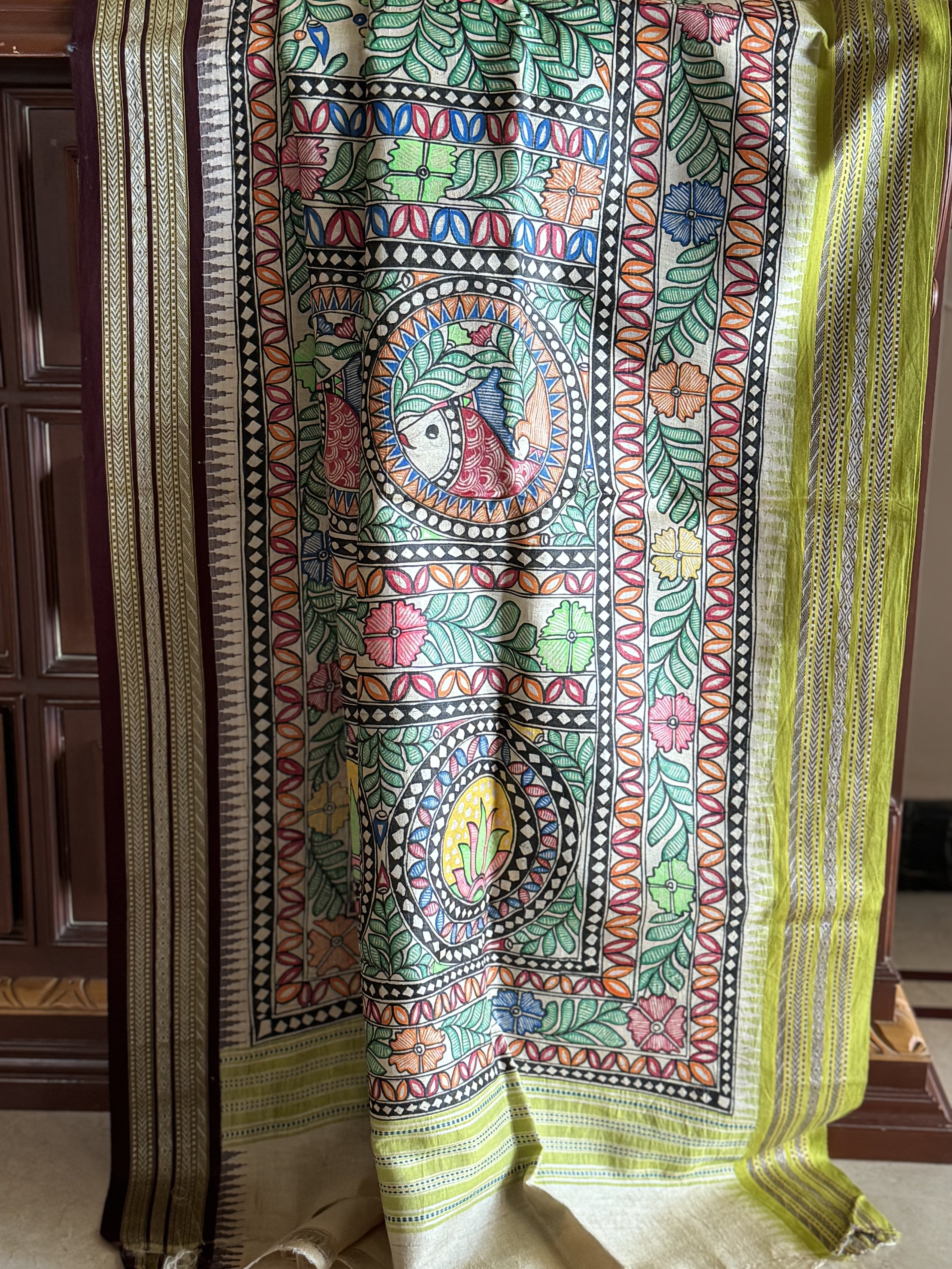 Handdrawn Handpainted Mithila folk art Madhubani painting Dupatta on vidharbha Tussarsilk