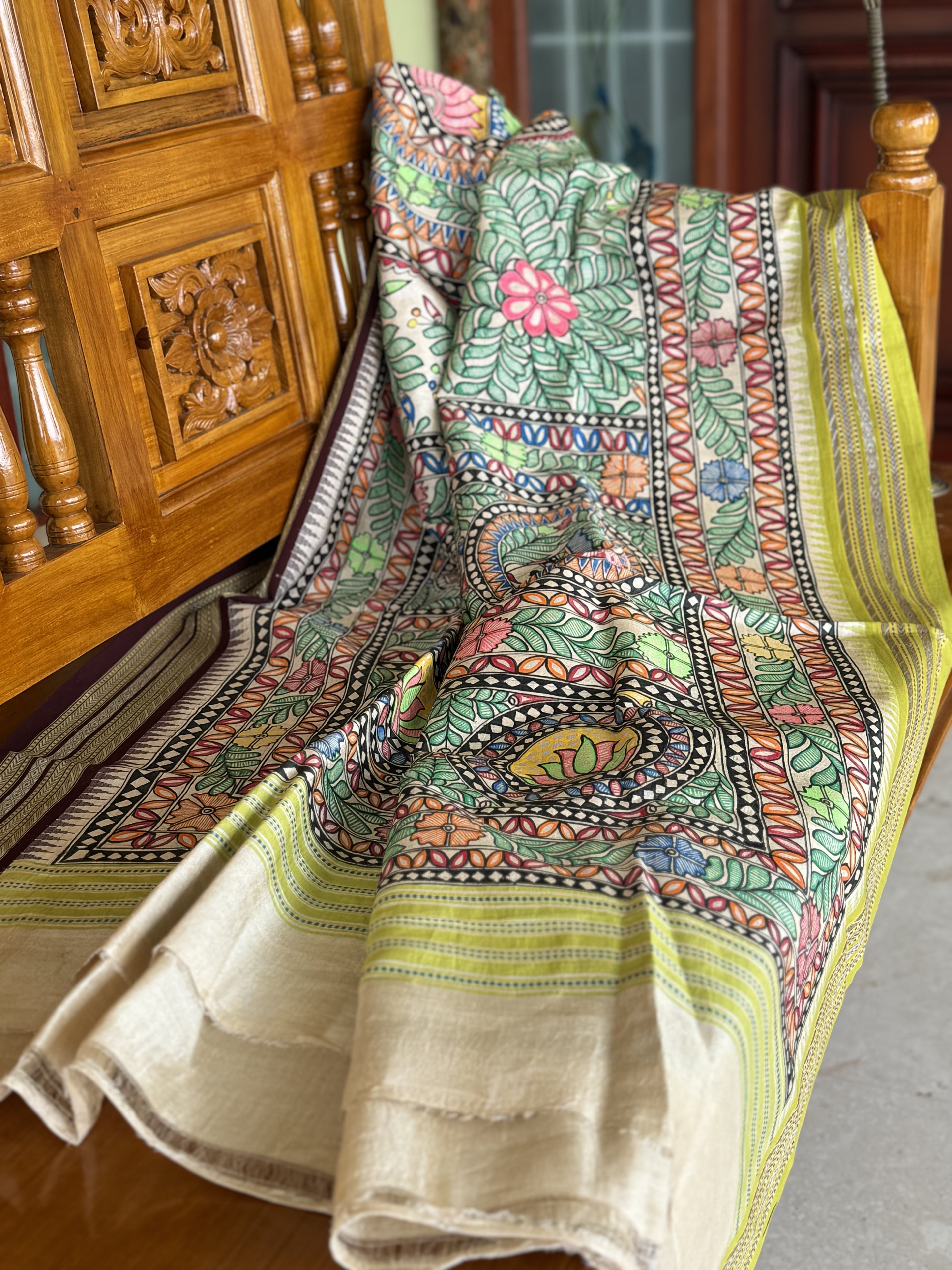 Handdrawn Handpainted Mithila folk art Madhubani painting Dupatta on vidharbha Tussarsilk