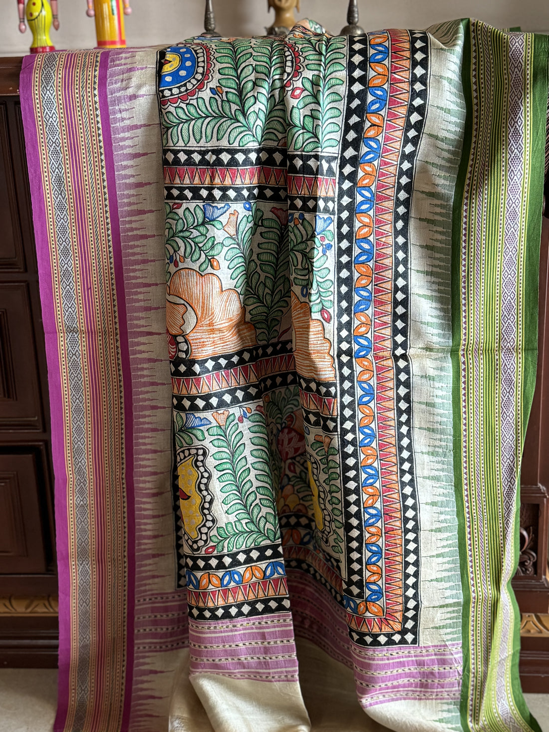 Handdrawn Handpainted Mithila folk art Madhubani painting Dupatta on vidharbha Tussarsilk